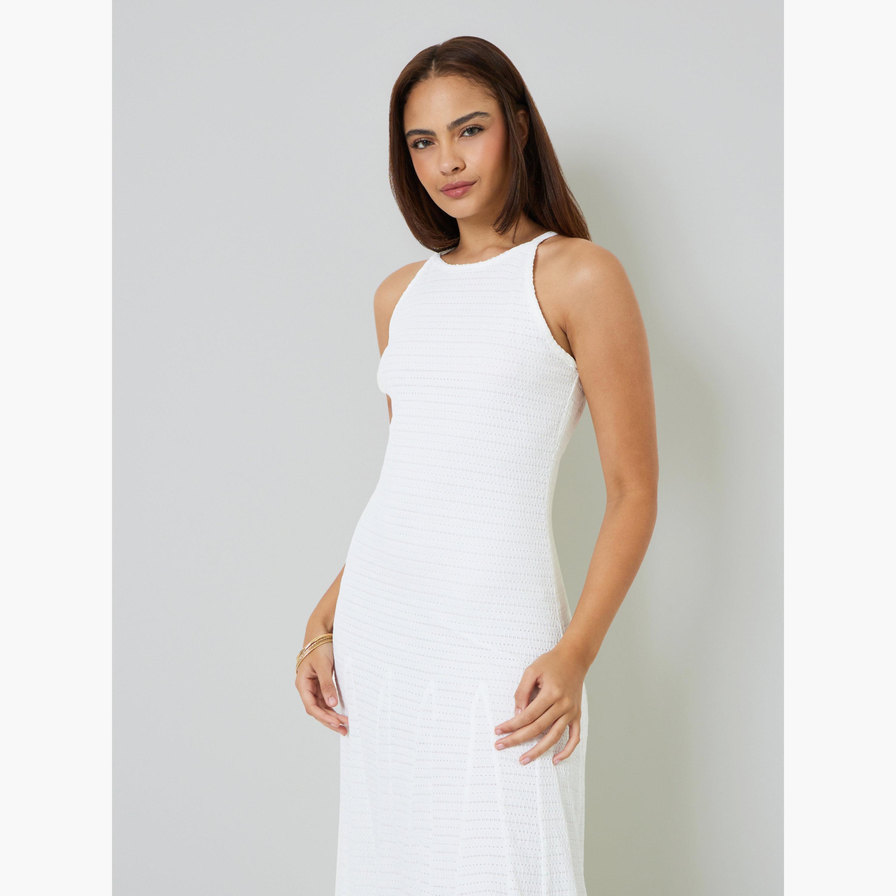 Styli White Textured Sleeveless A-Line Maxi Dress-women-clothing-dresses-image-4