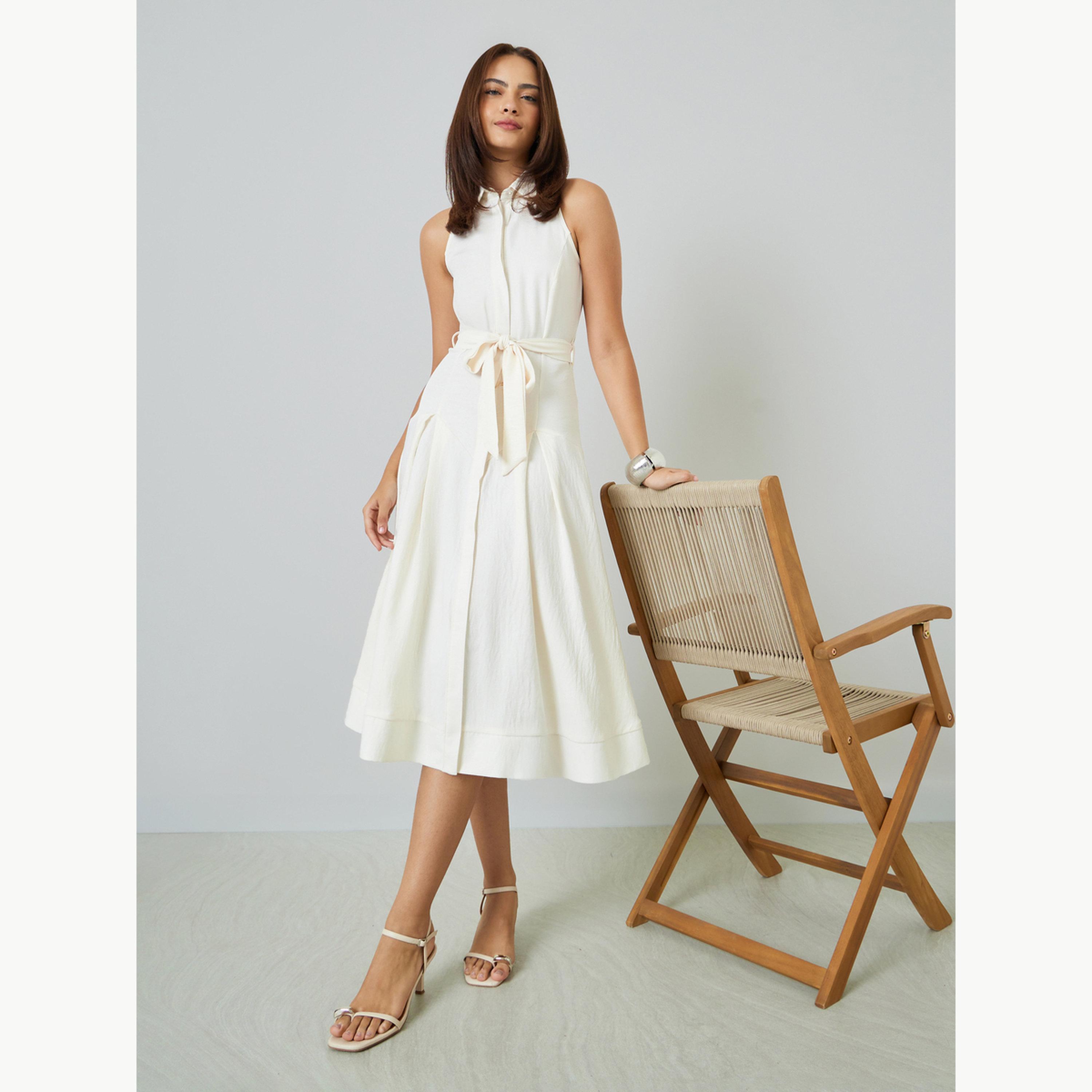 Styli Off-White Sleeveless Shirt Midi Dress with Tie-Belt-women-clothing-dresses-image-1