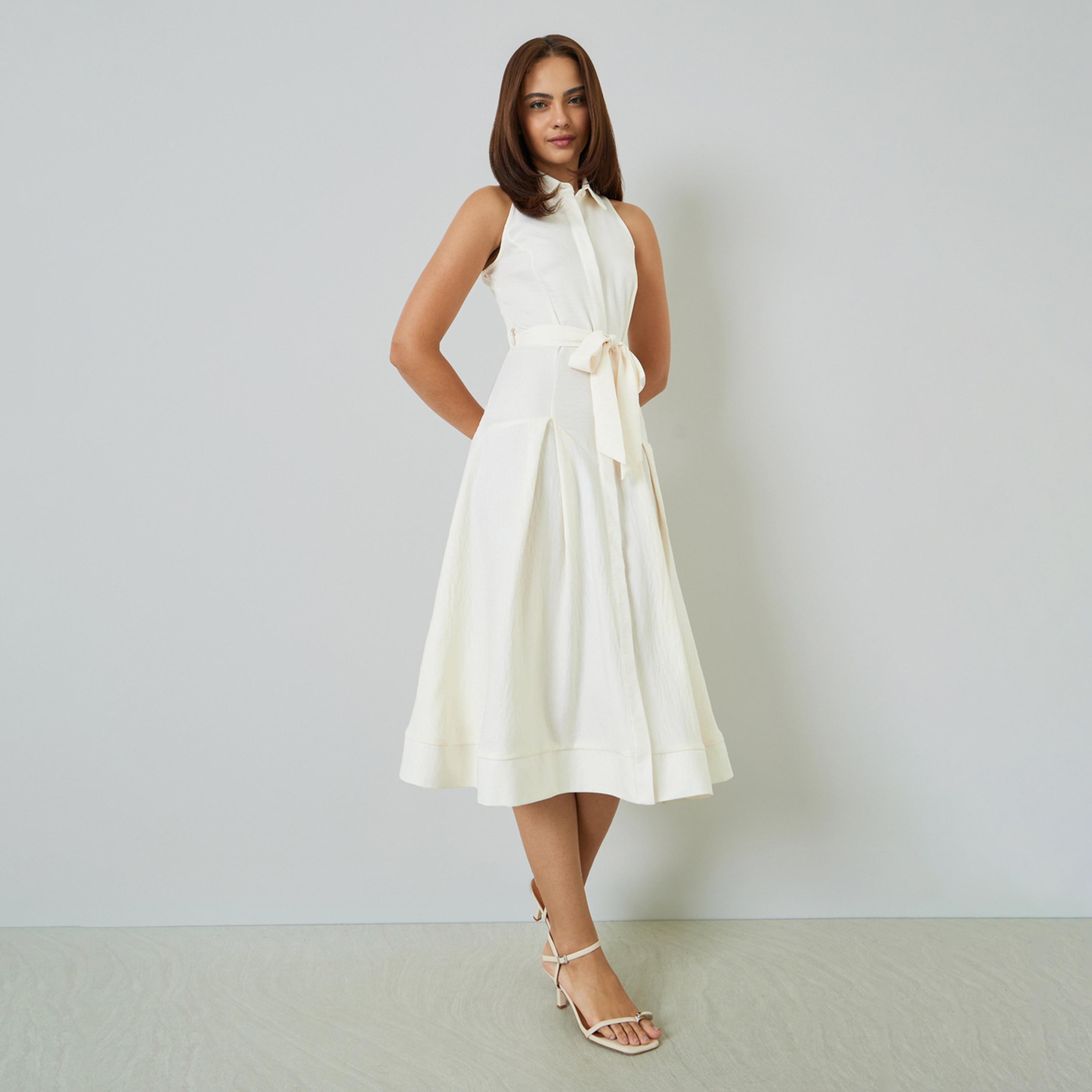 فستان ميدي بنمط قميص ودون أكمام مع حزام ربط-women-clothing-dresses-image-2