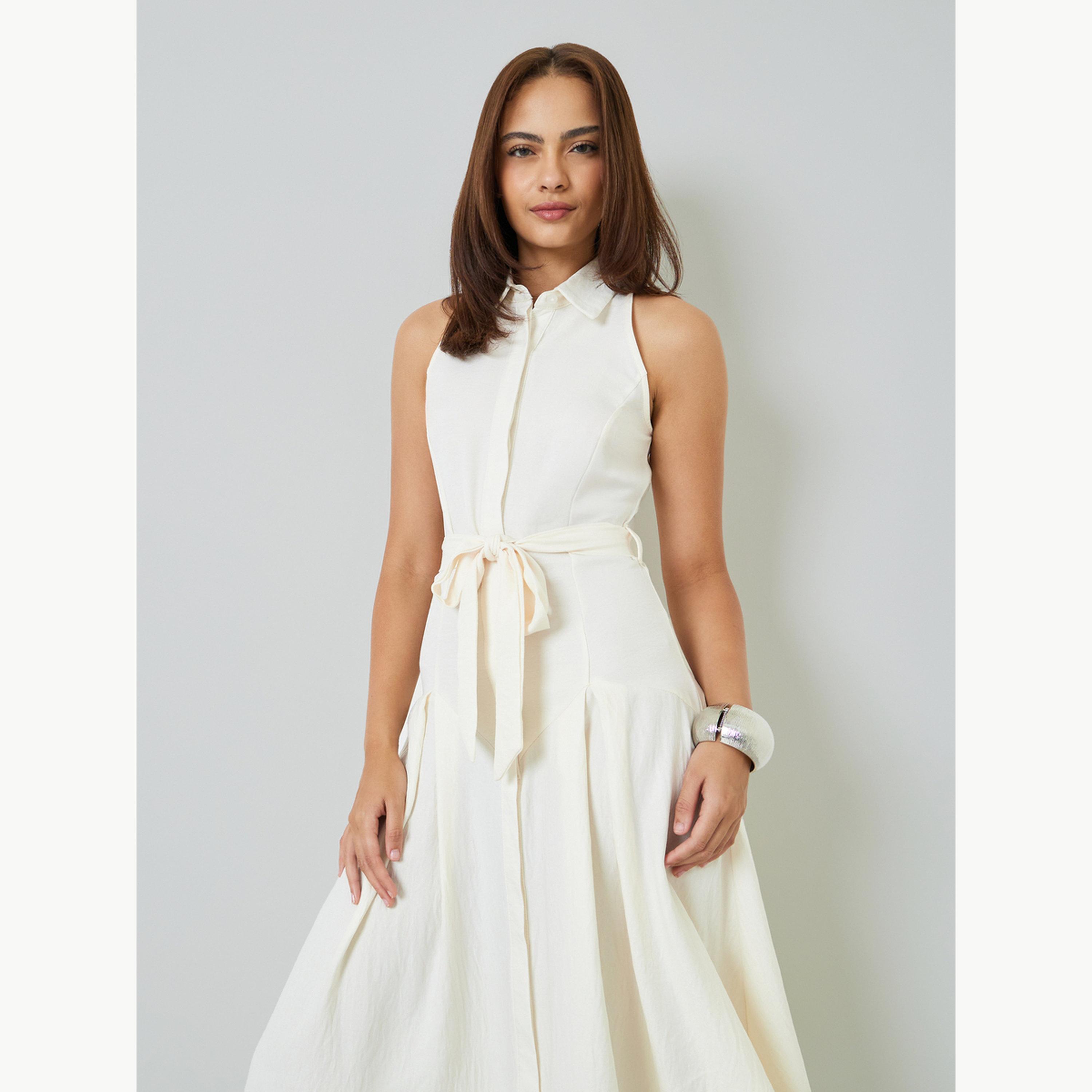 فستان ميدي بنمط قميص ودون أكمام مع حزام ربط-women-clothing-dresses-image-3