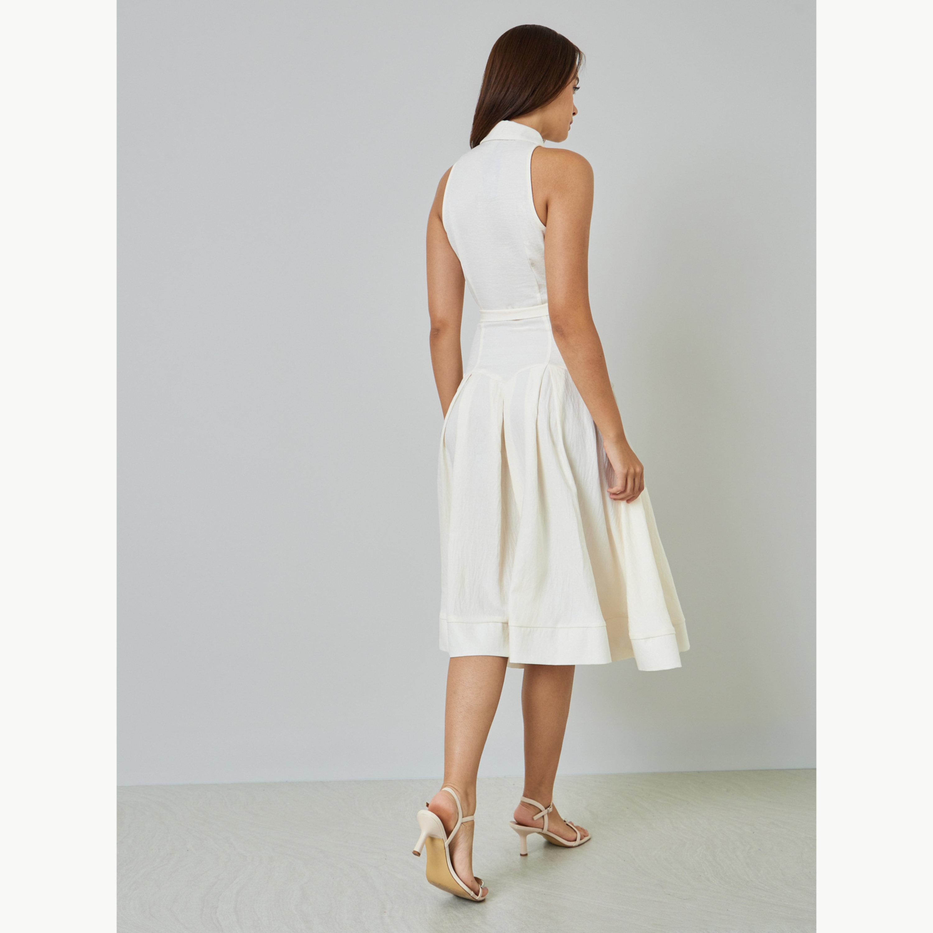 فستان ميدي بنمط قميص ودون أكمام مع حزام ربط-women-clothing-dresses-image-4