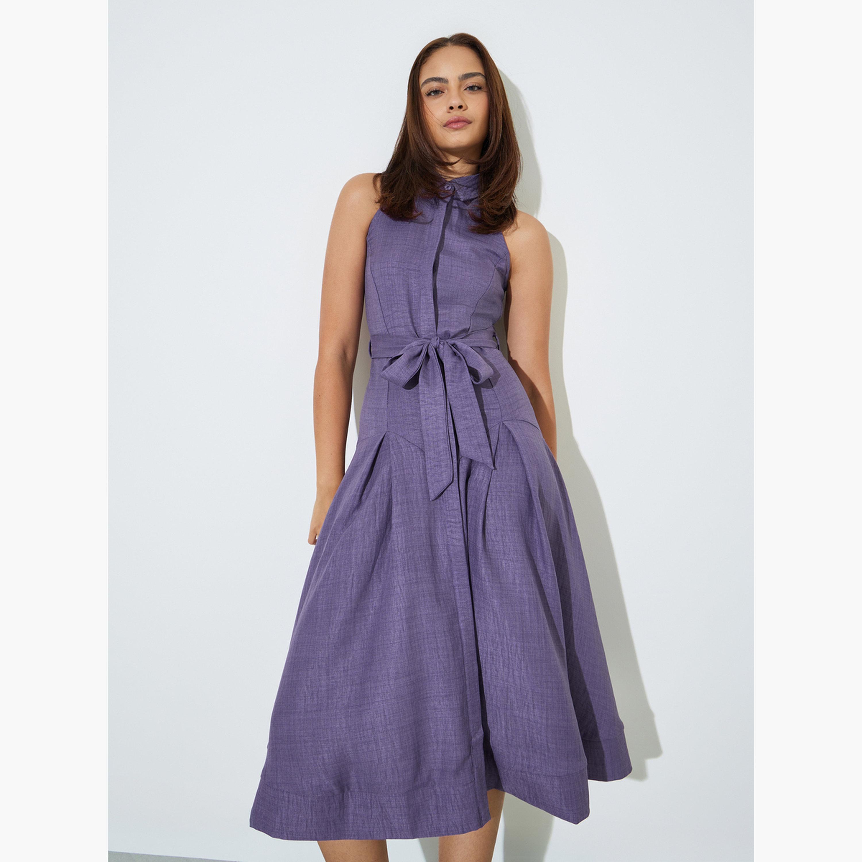 Styli Purple Sleeveless Shirt Midi Dress with Tie-Belt-women-clothing-dresses-image-1