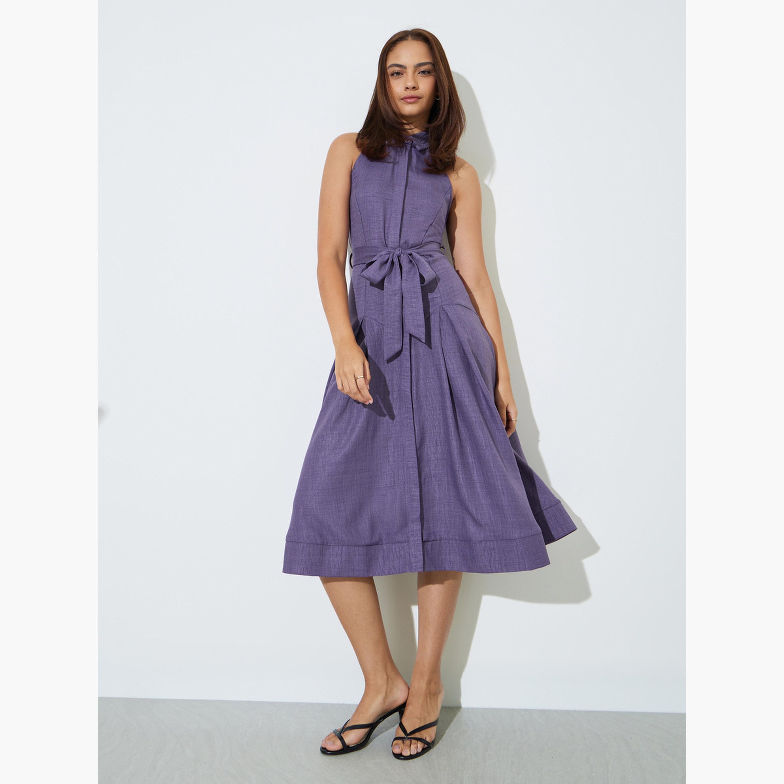 Styli Purple Sleeveless Shirt Midi Dress with Tie-Belt-women-clothing-dresses-image-2
