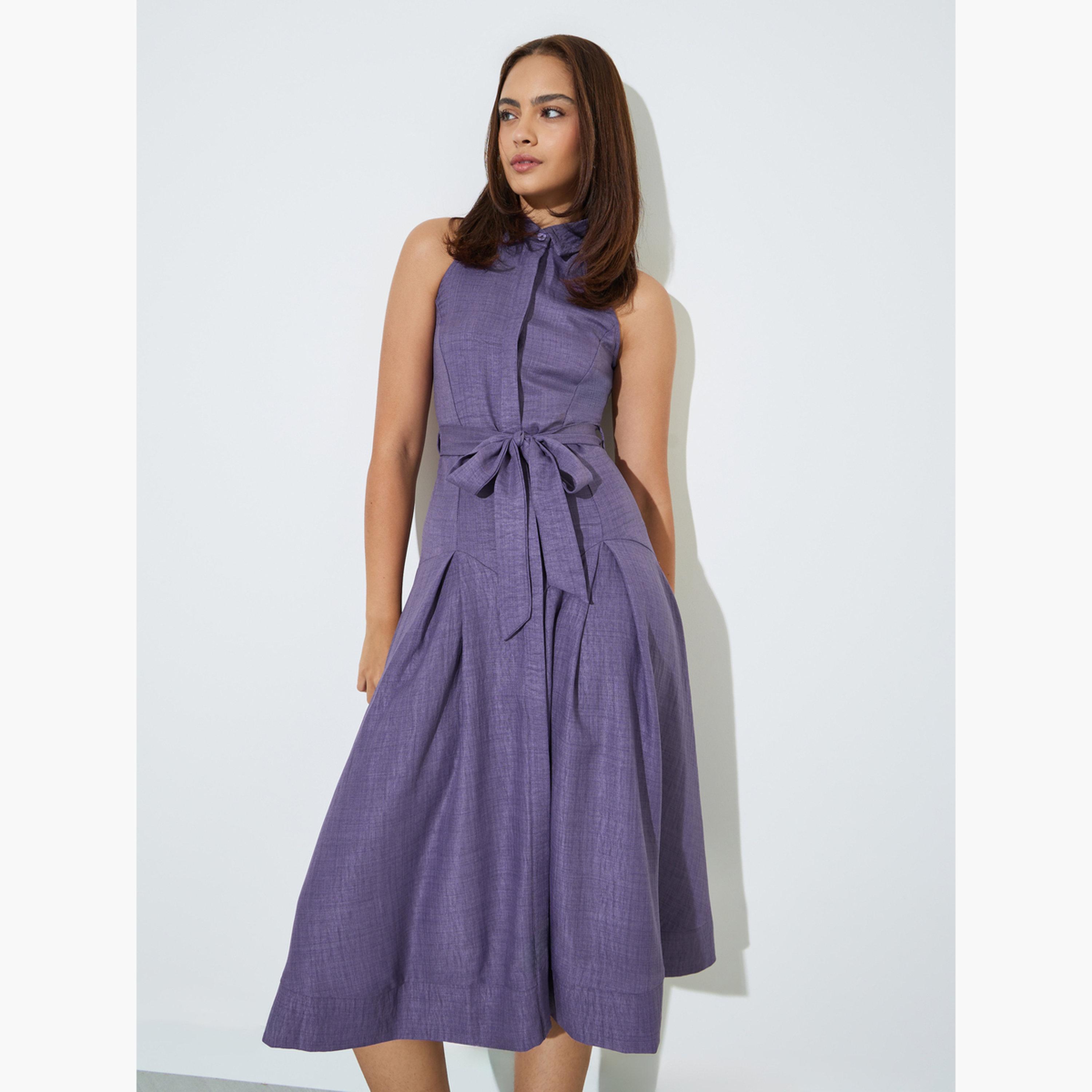 Styli Purple Sleeveless Shirt Midi Dress with Tie-Belt-women-clothing-dresses-image-3