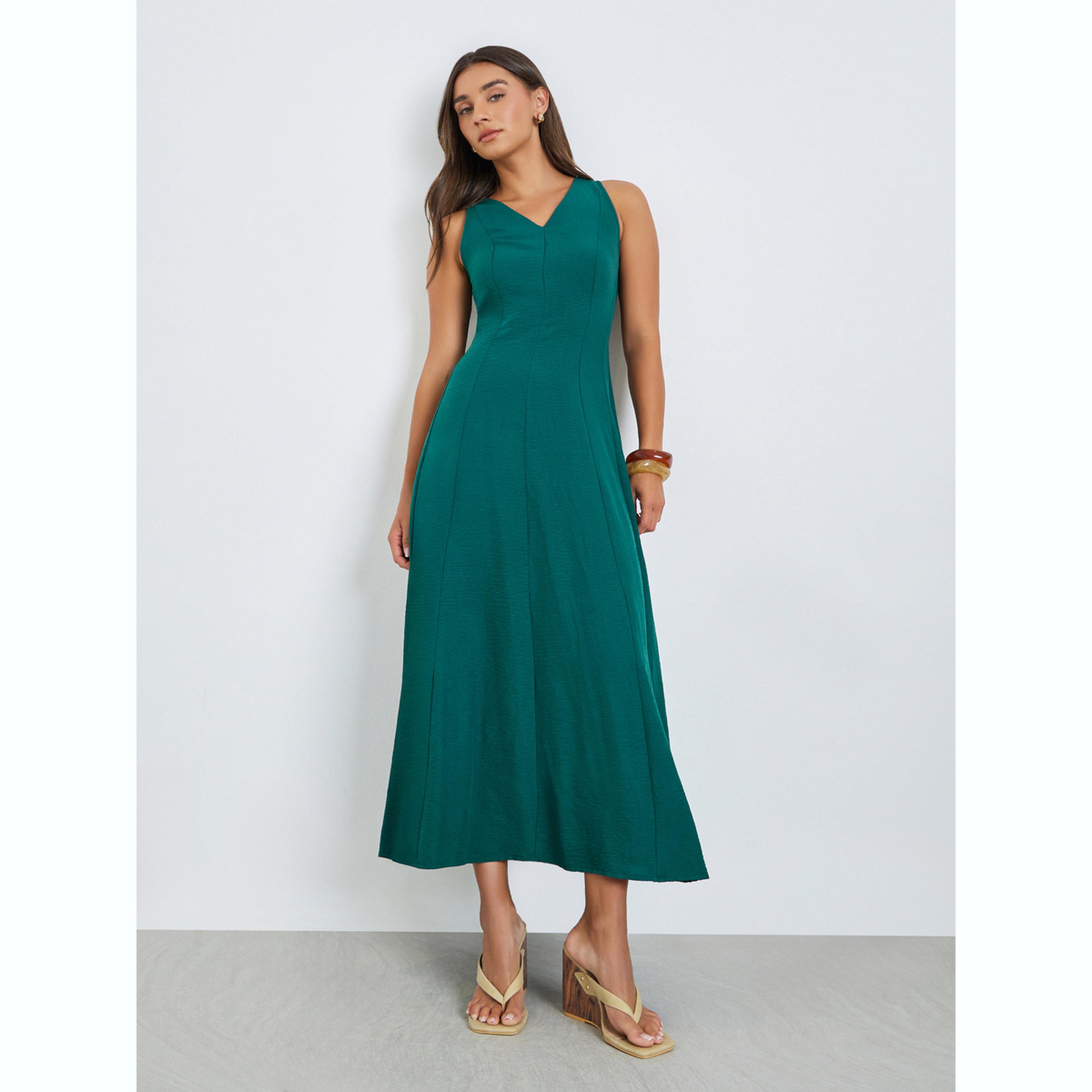 فستان طويل بحافة واسعة بلا أكمام وجيوب جانبية أخضر-women-clothing-dresses-image-1