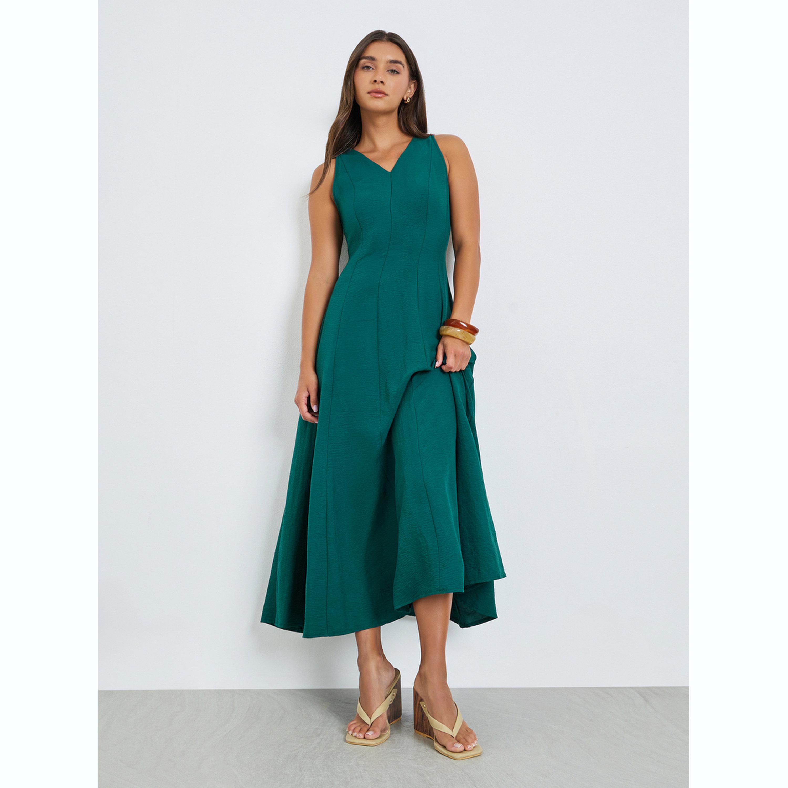 فستان طويل بحافة واسعة بلا أكمام وجيوب جانبية أخضر-women-clothing-dresses-image-3