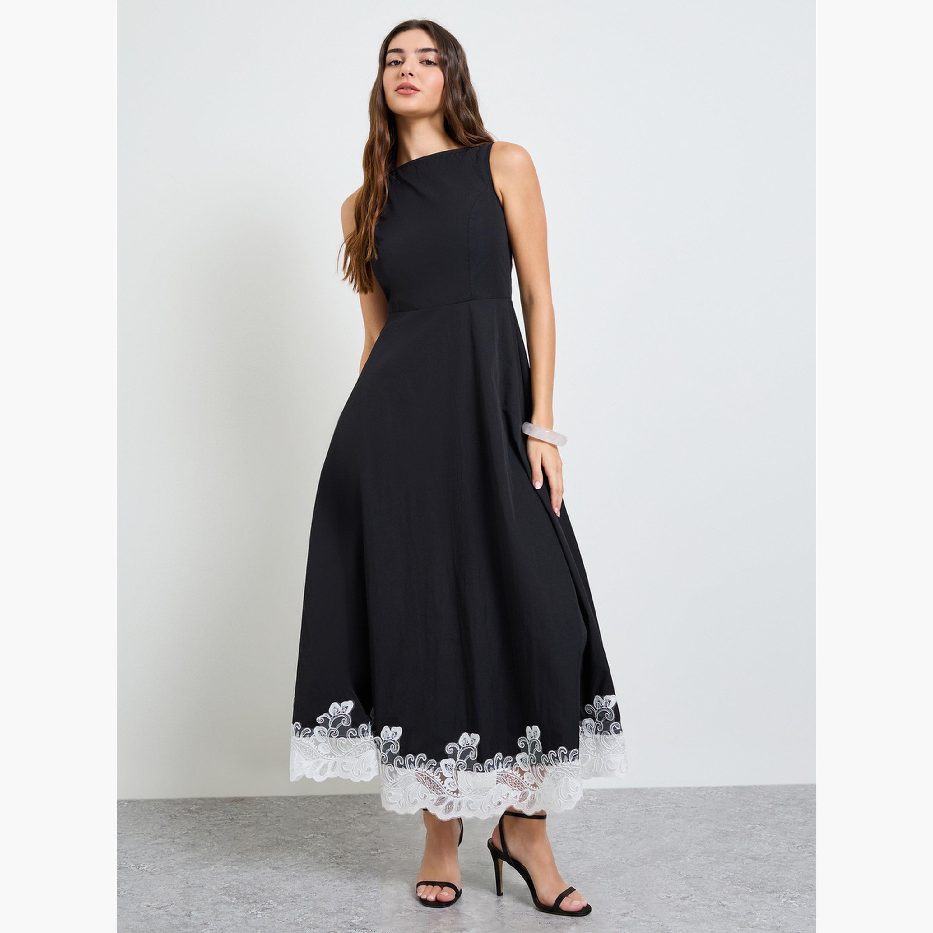 Styli Black Lace Hem Sleeveless A-Line Maxi Dress-women-clothing-dresses-image-1