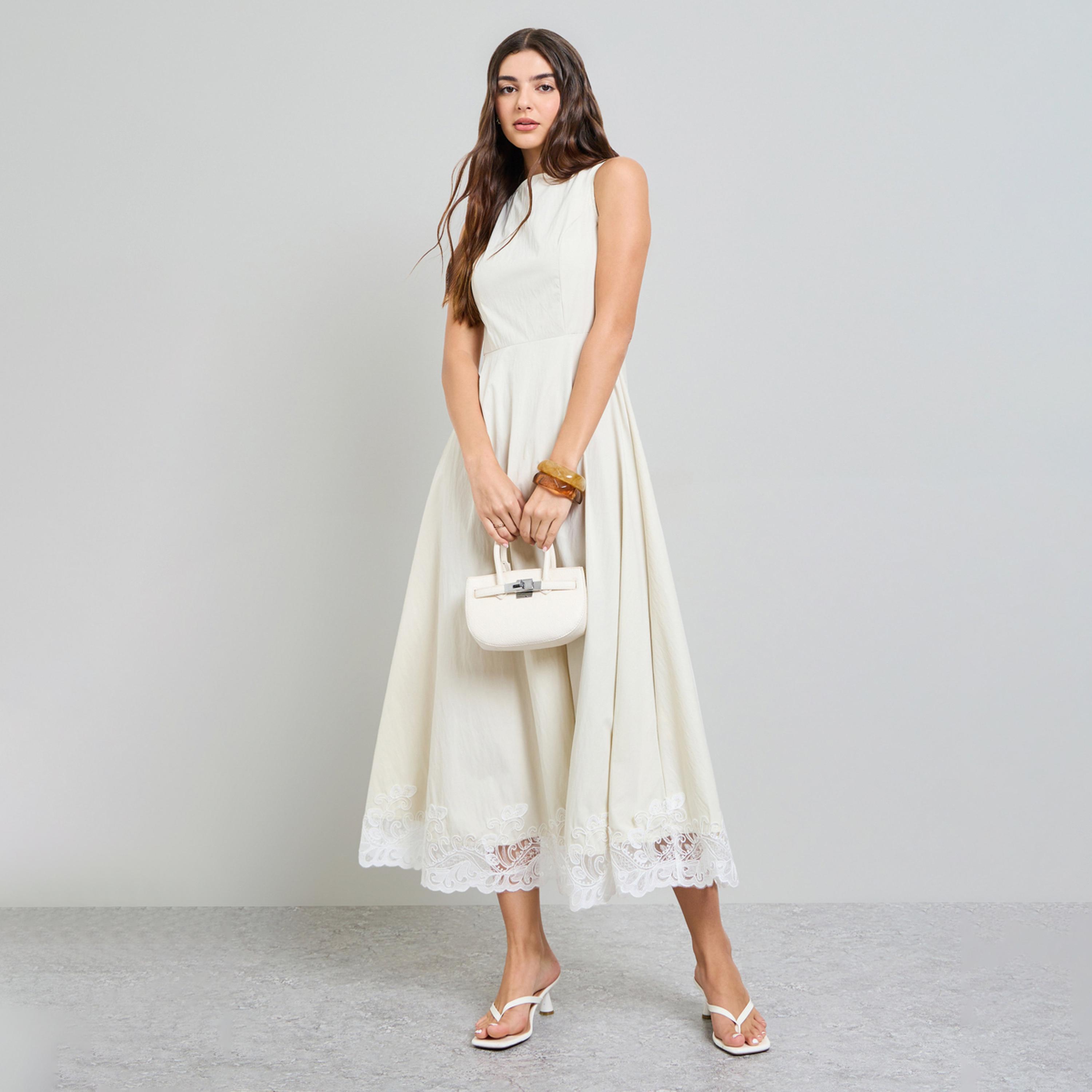 Styli Cream Lace Hem Sleeveless A-Line Maxi Dress-women-clothing-dresses-image-1