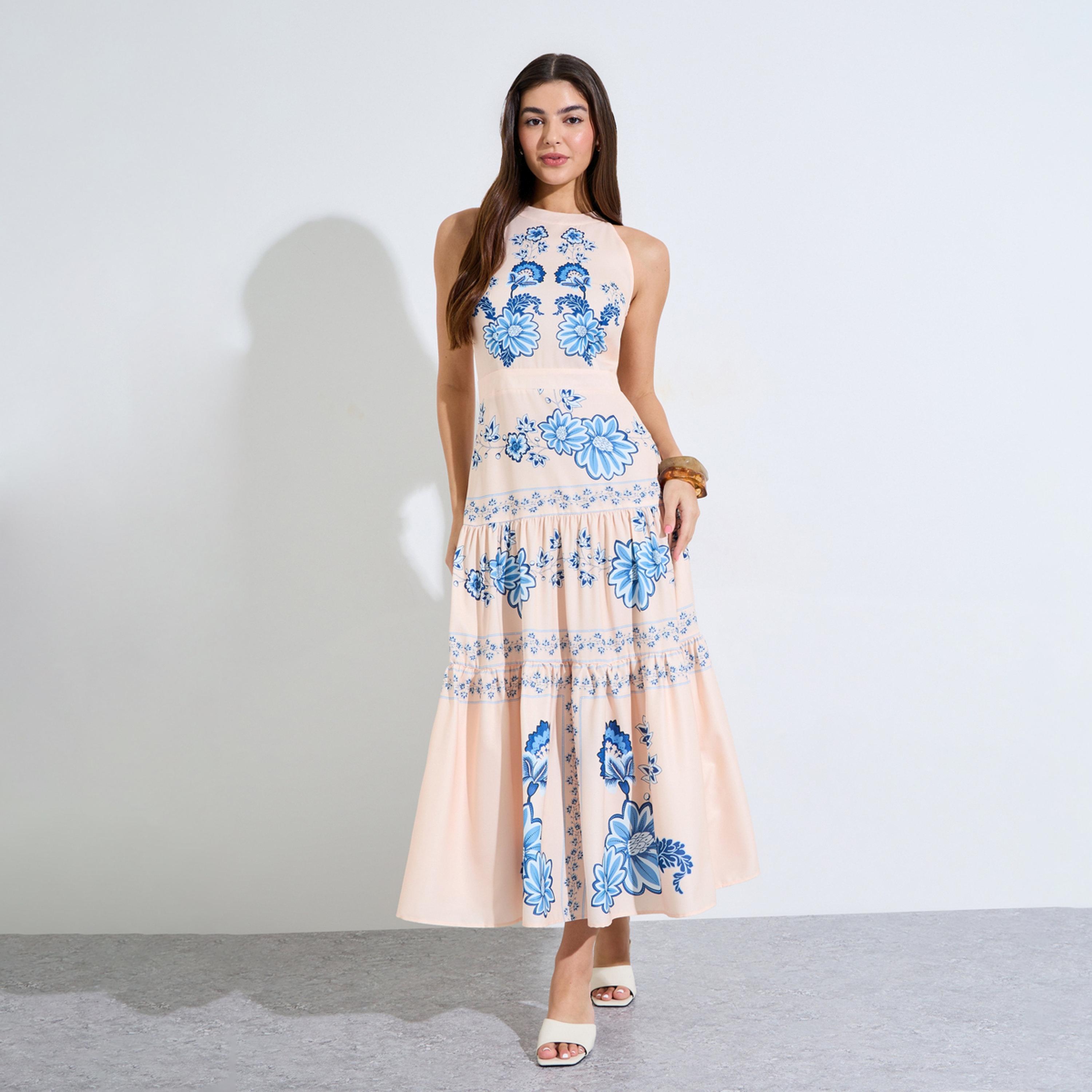 فستان طويل بطبعة بوهيمية وأربطة مع كسرات-women-clothing-dresses-image-1