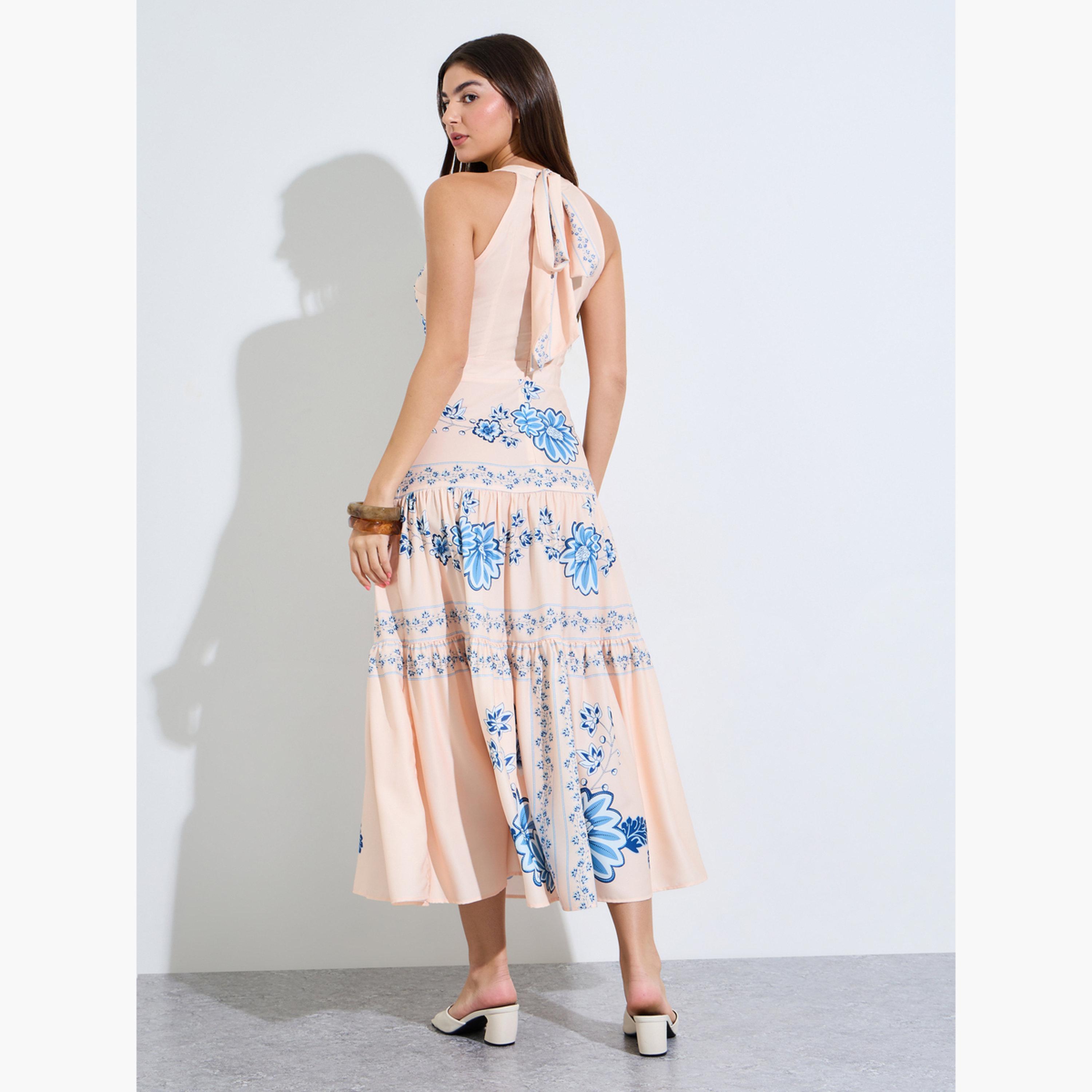 فستان طويل بطبعة بوهيمية وأربطة مع كسرات-women-clothing-dresses-image-4