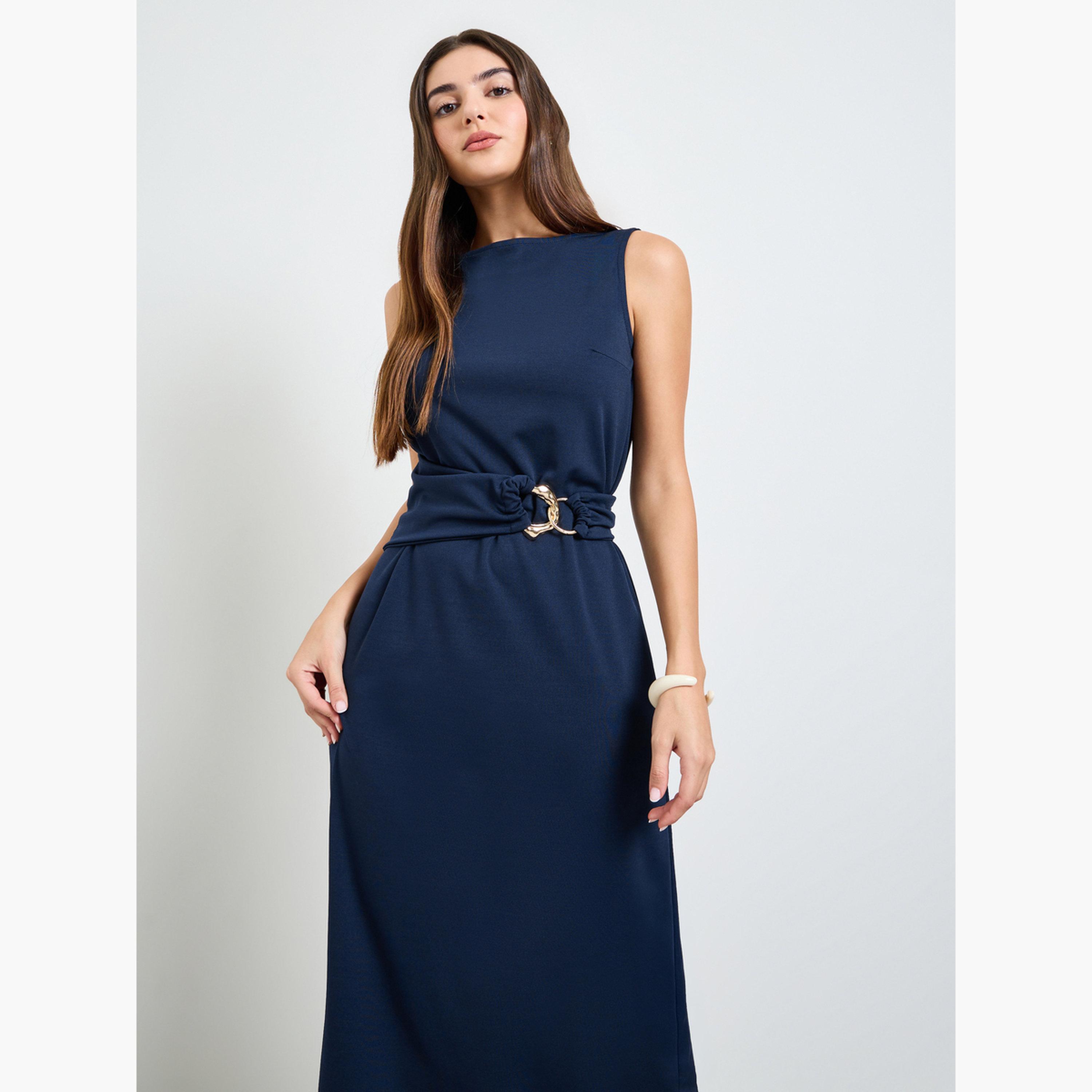 Styli Navy Blue Sleeveless Sheath Midi Dress-women-clothing-dresses-image-2