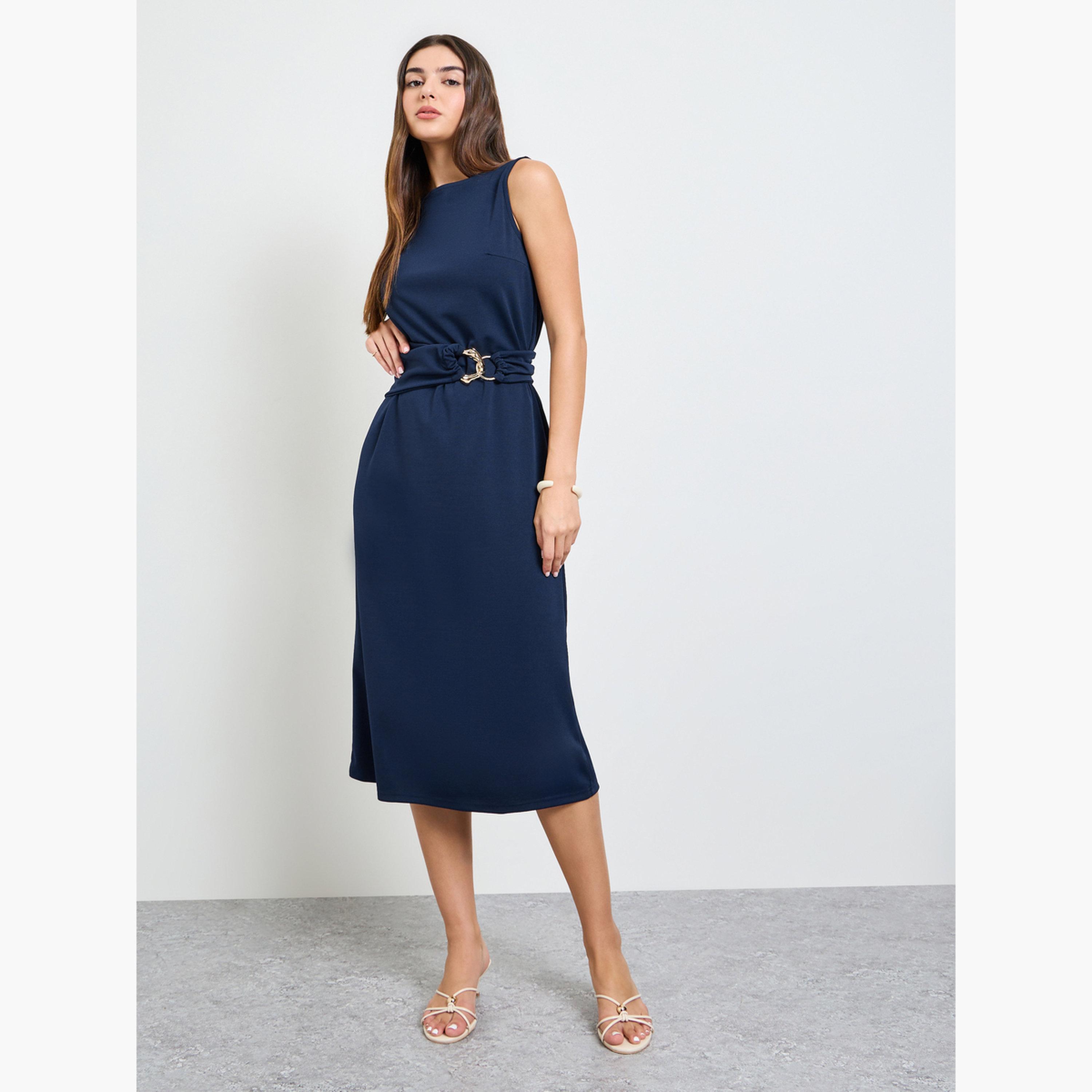 Styli Navy Blue Sleeveless Sheath Midi Dress-women-clothing-dresses-image-3