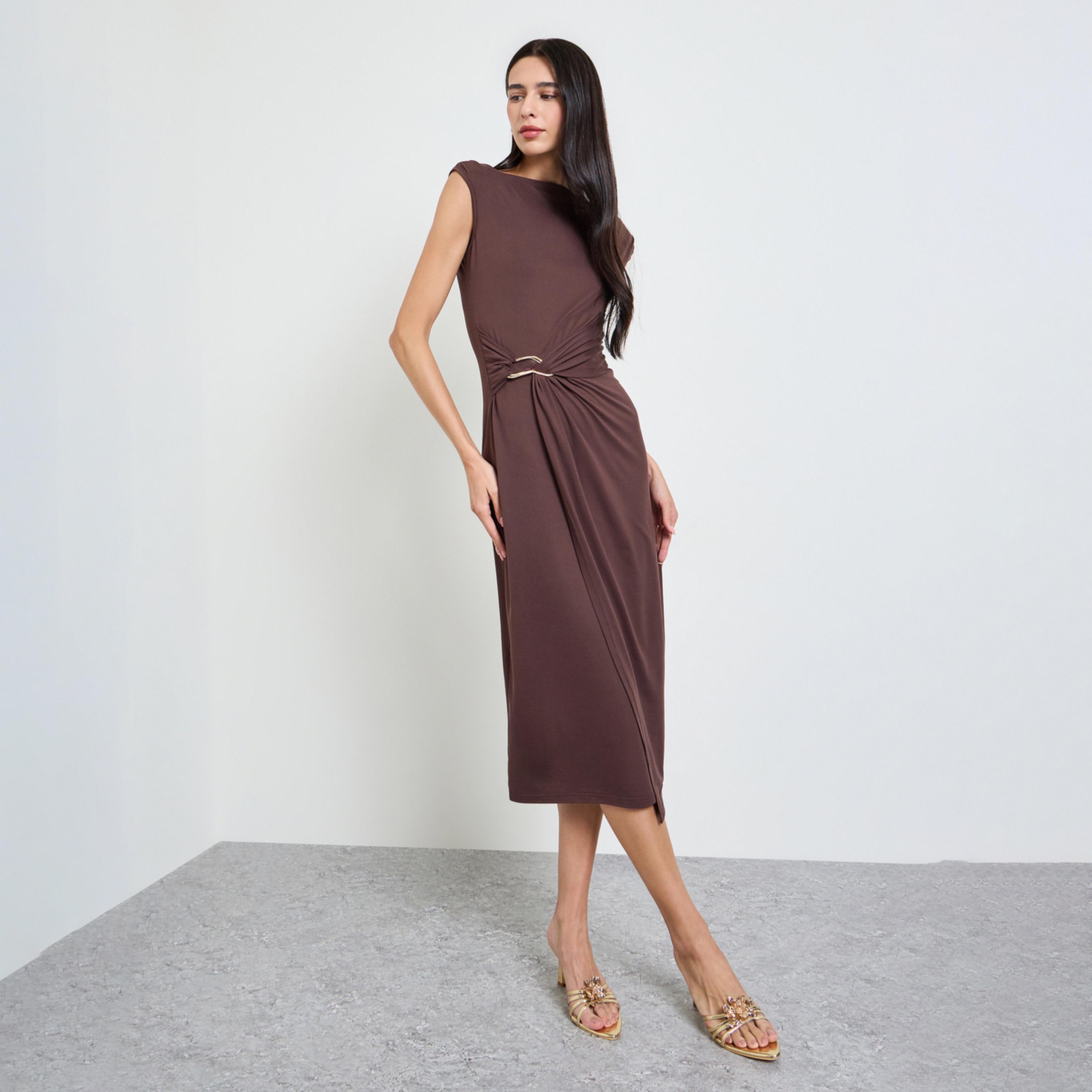 Styli Brown Metal Decor Detail Sheath Midi Dress-women-clothing-dresses-image-1