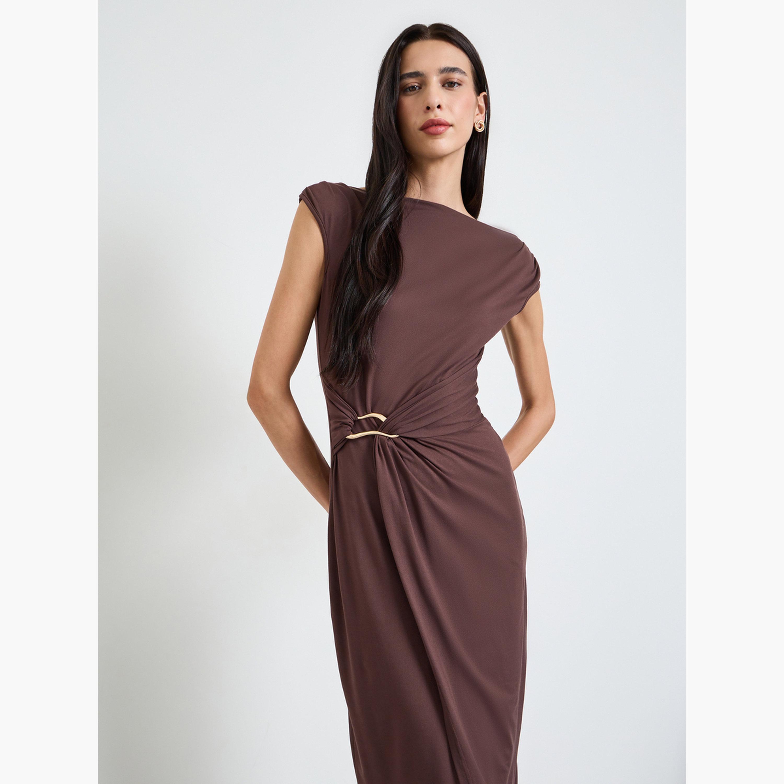 Styli Brown Metal Decor Detail Sheath Midi Dress-women-clothing-dresses-image-2
