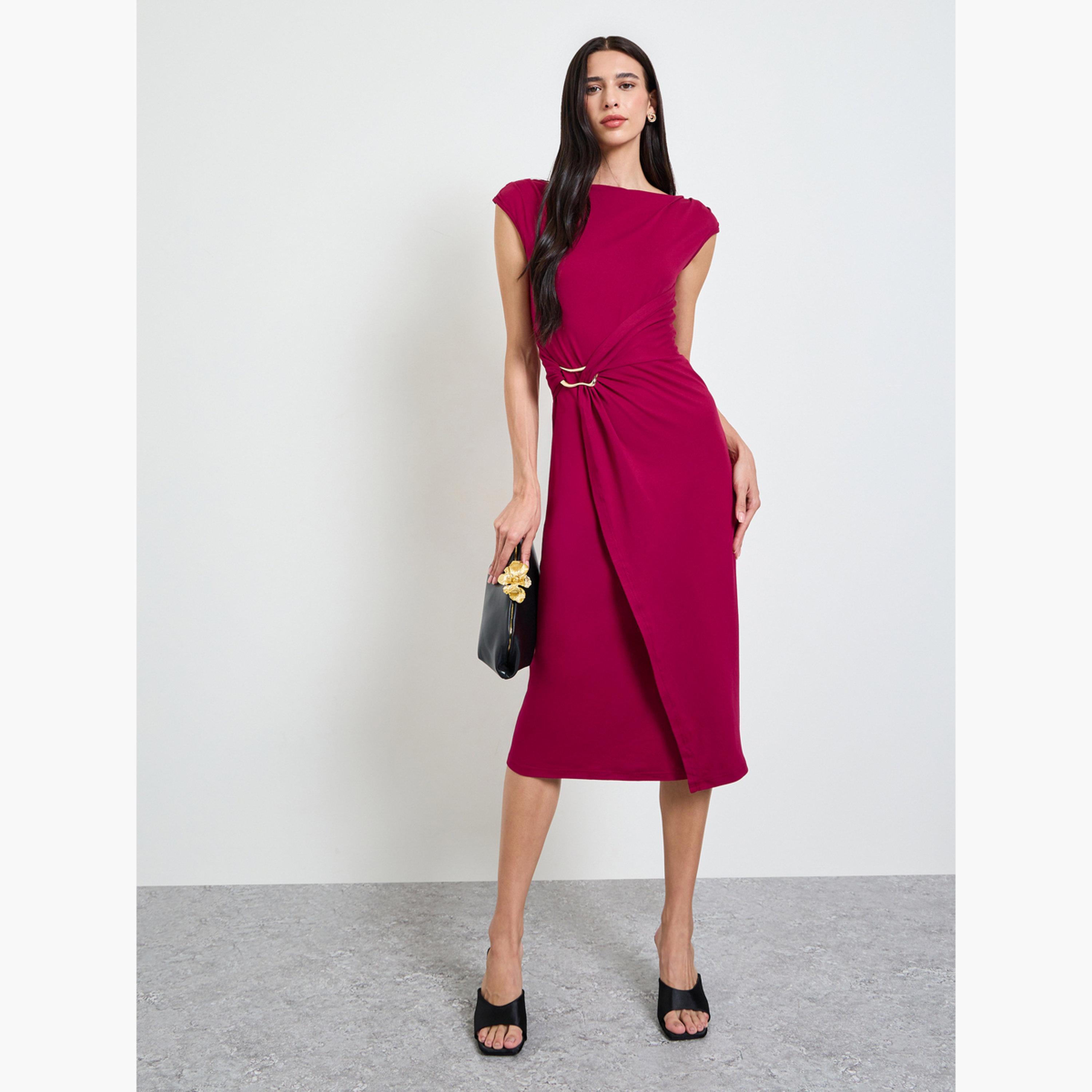 Styli Red Metal Decor Detail Sheath Midi Dress-women-clothing-dresses-image-2