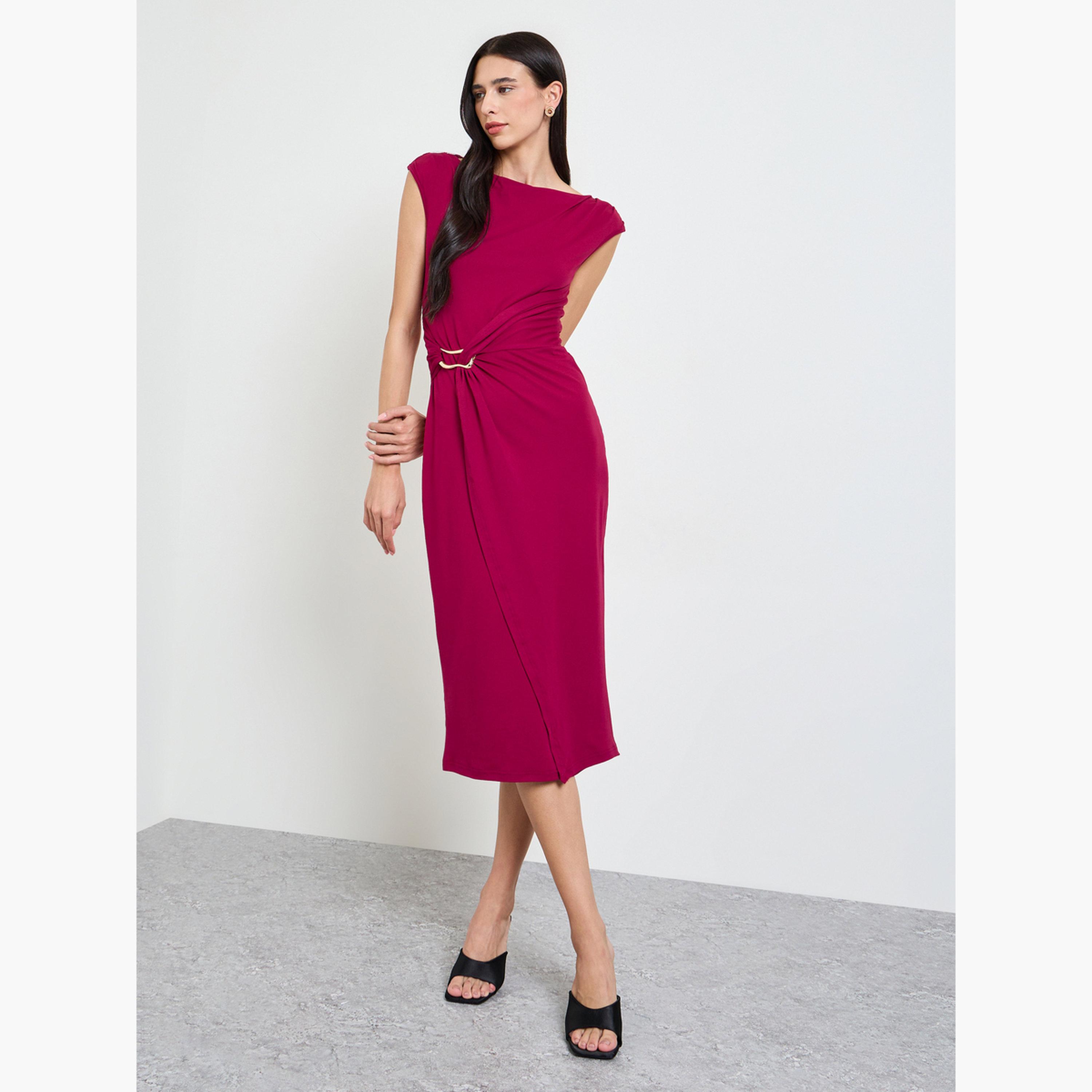 Styli Red Metal Decor Detail Sheath Midi Dress-women-clothing-dresses-image-3