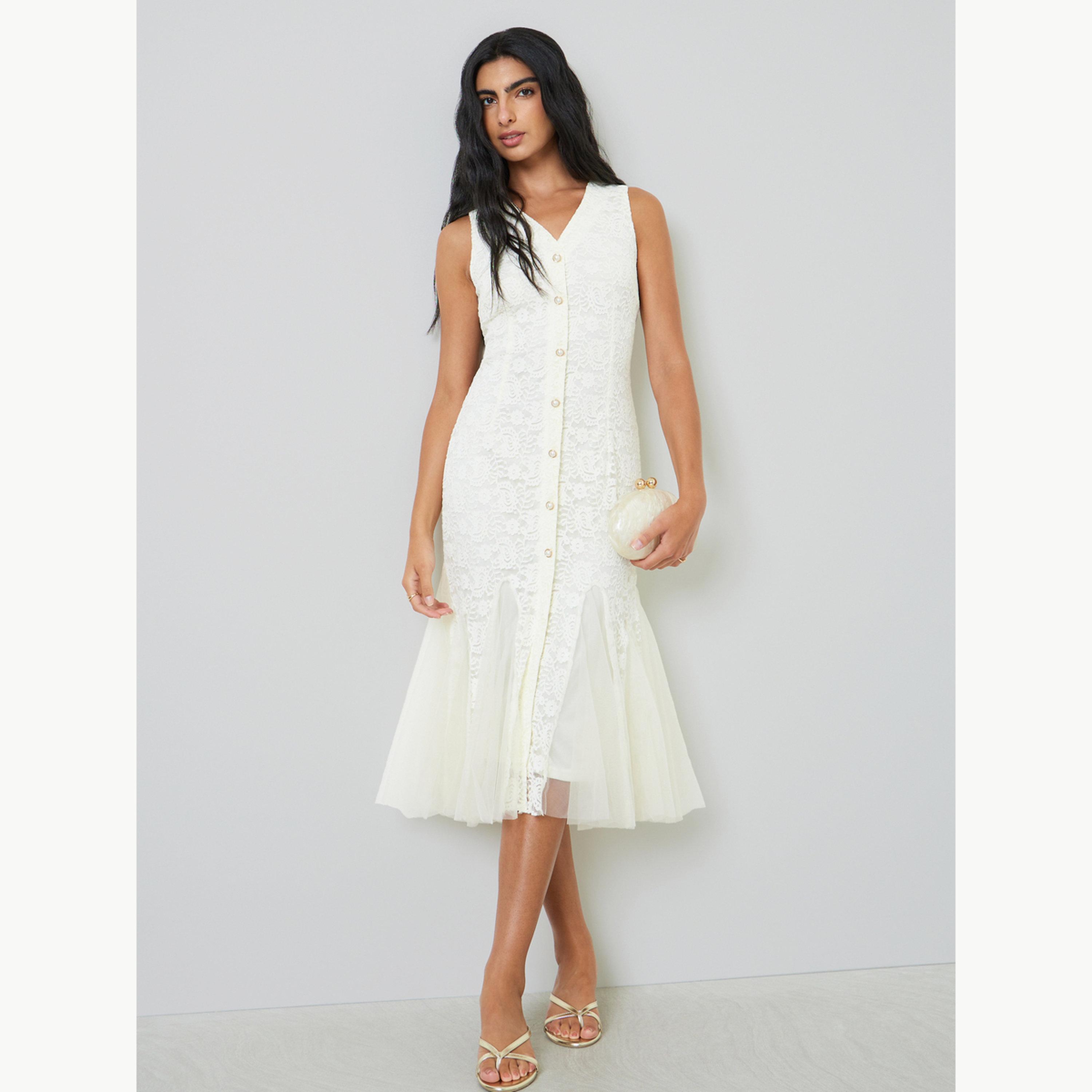 Styli Cream Lace Sleeveless Mermaid Hem Midi Dress-women-clothing-dresses-image-1