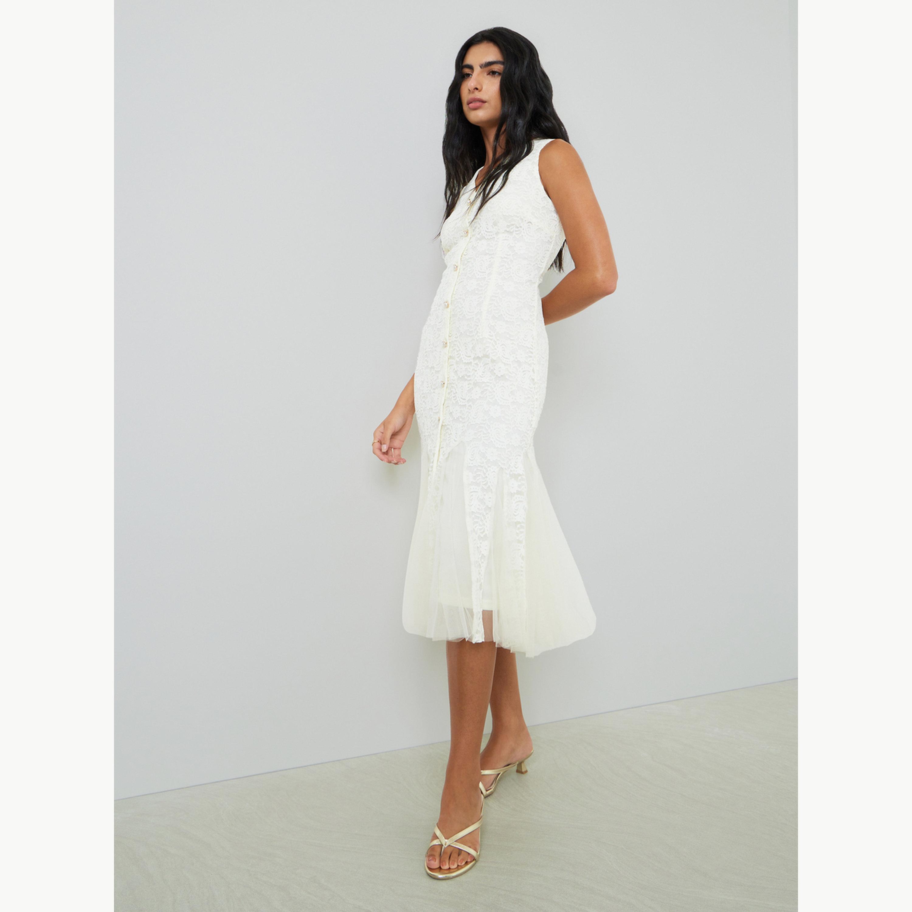 Styli Cream Lace Sleeveless Mermaid Hem Midi Dress-women-clothing-dresses-image-2