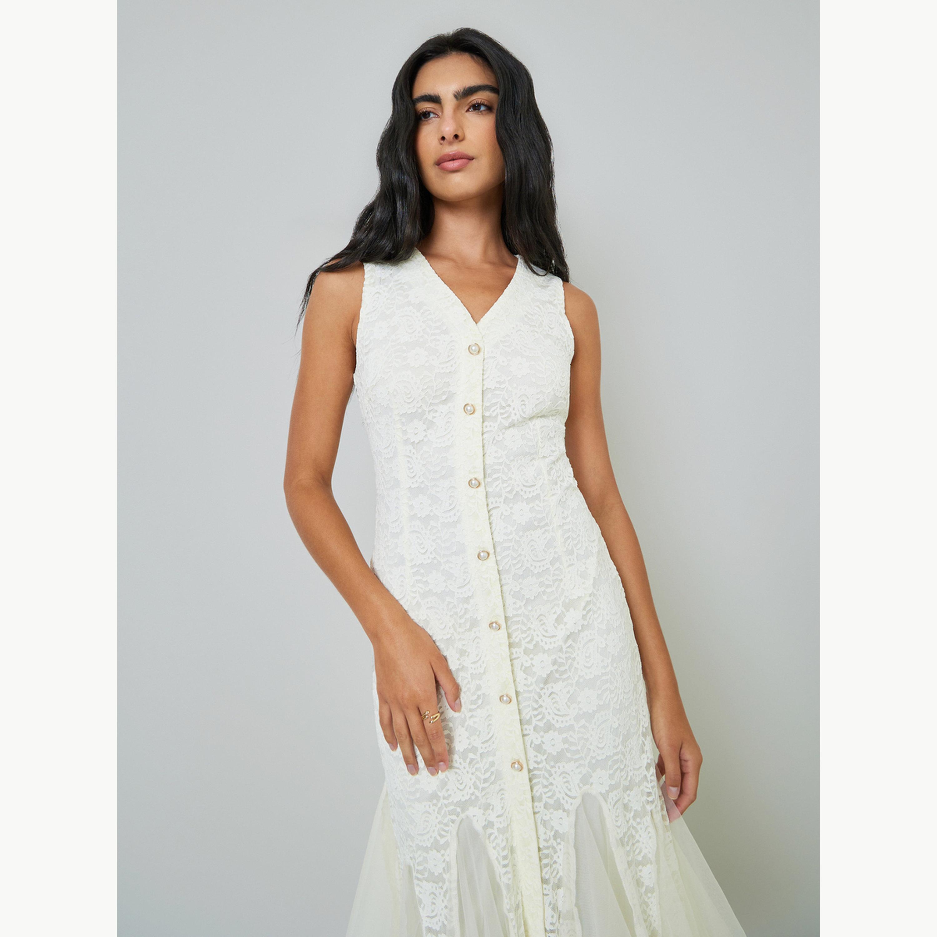 Styli Cream Lace Sleeveless Mermaid Hem Midi Dress-women-clothing-dresses-image-3