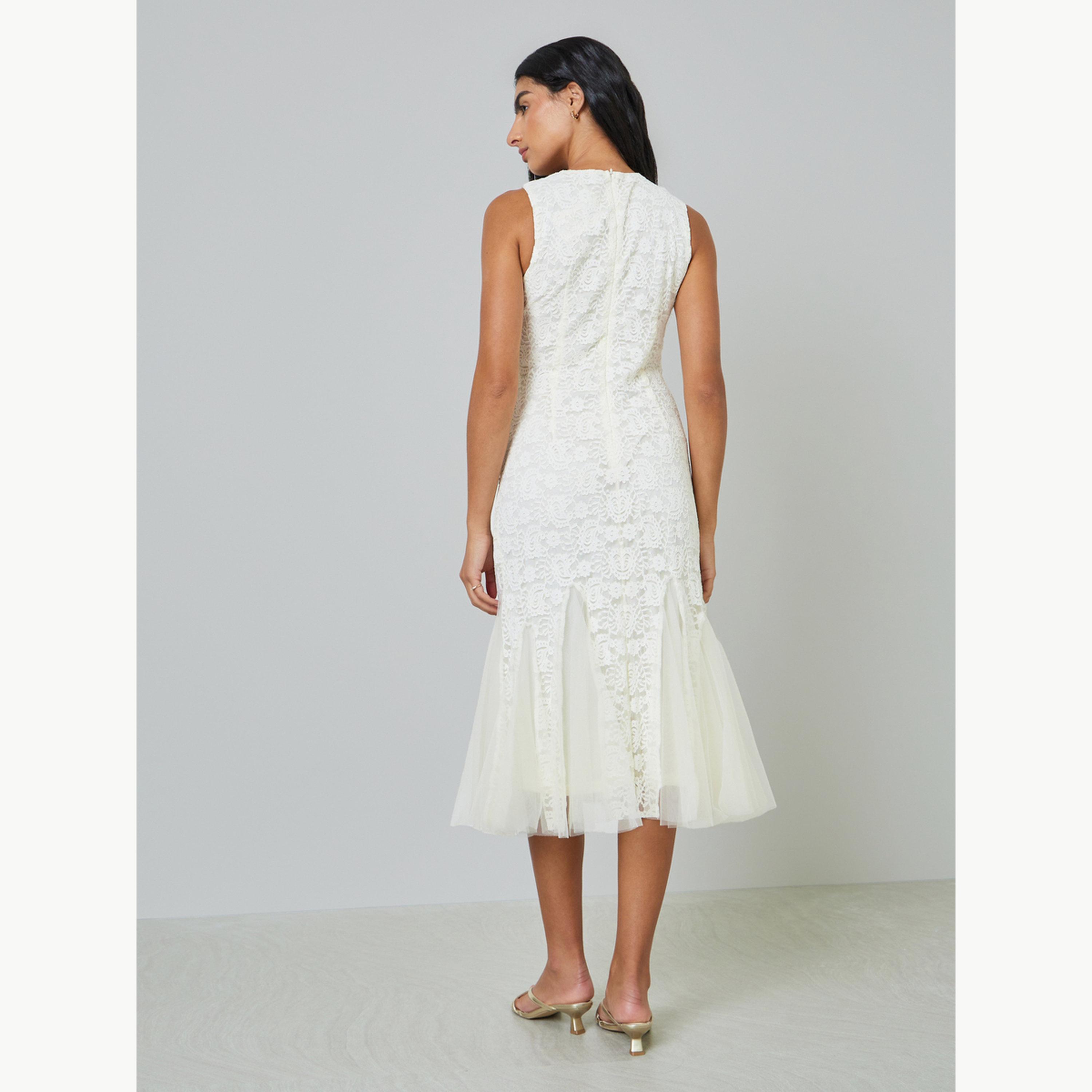 Styli Cream Lace Sleeveless Mermaid Hem Midi Dress-women-clothing-dresses-image-4