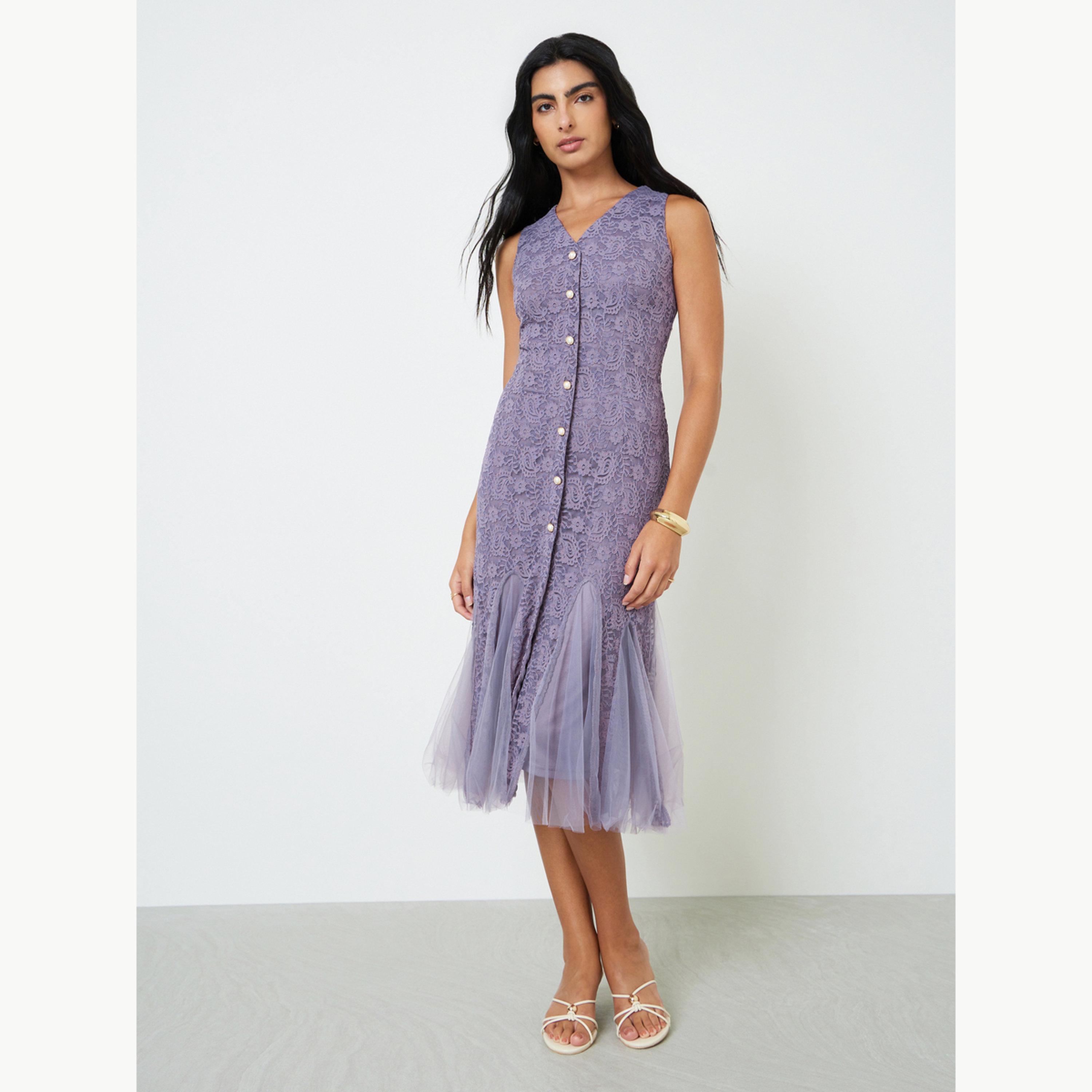 فستان ميدي بحافة حورية البحر وبدون أكمام من الدانتيل-women-clothing-dresses-image-1