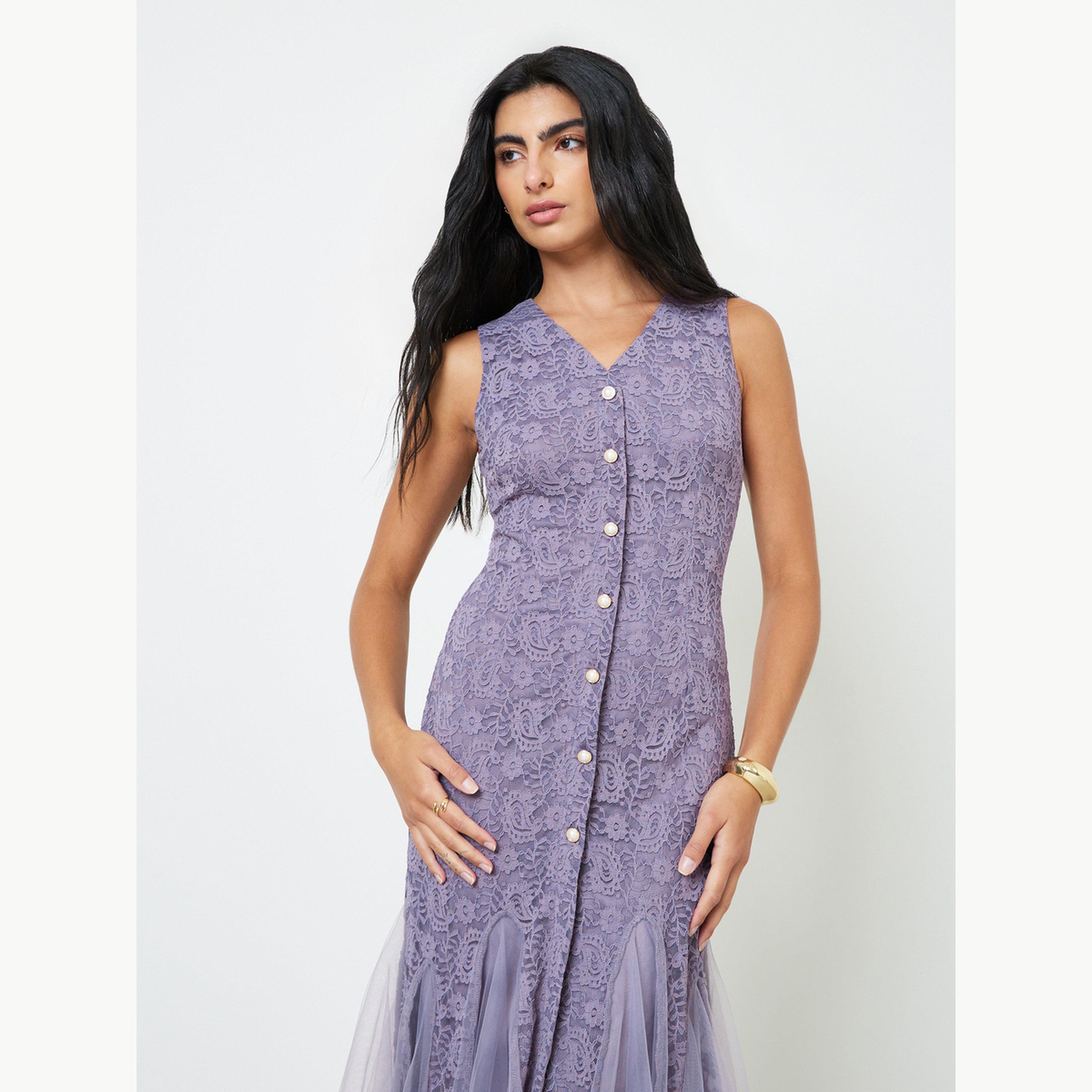 فستان ميدي بحافة حورية البحر وبدون أكمام من الدانتيل-women-clothing-dresses-image-2
