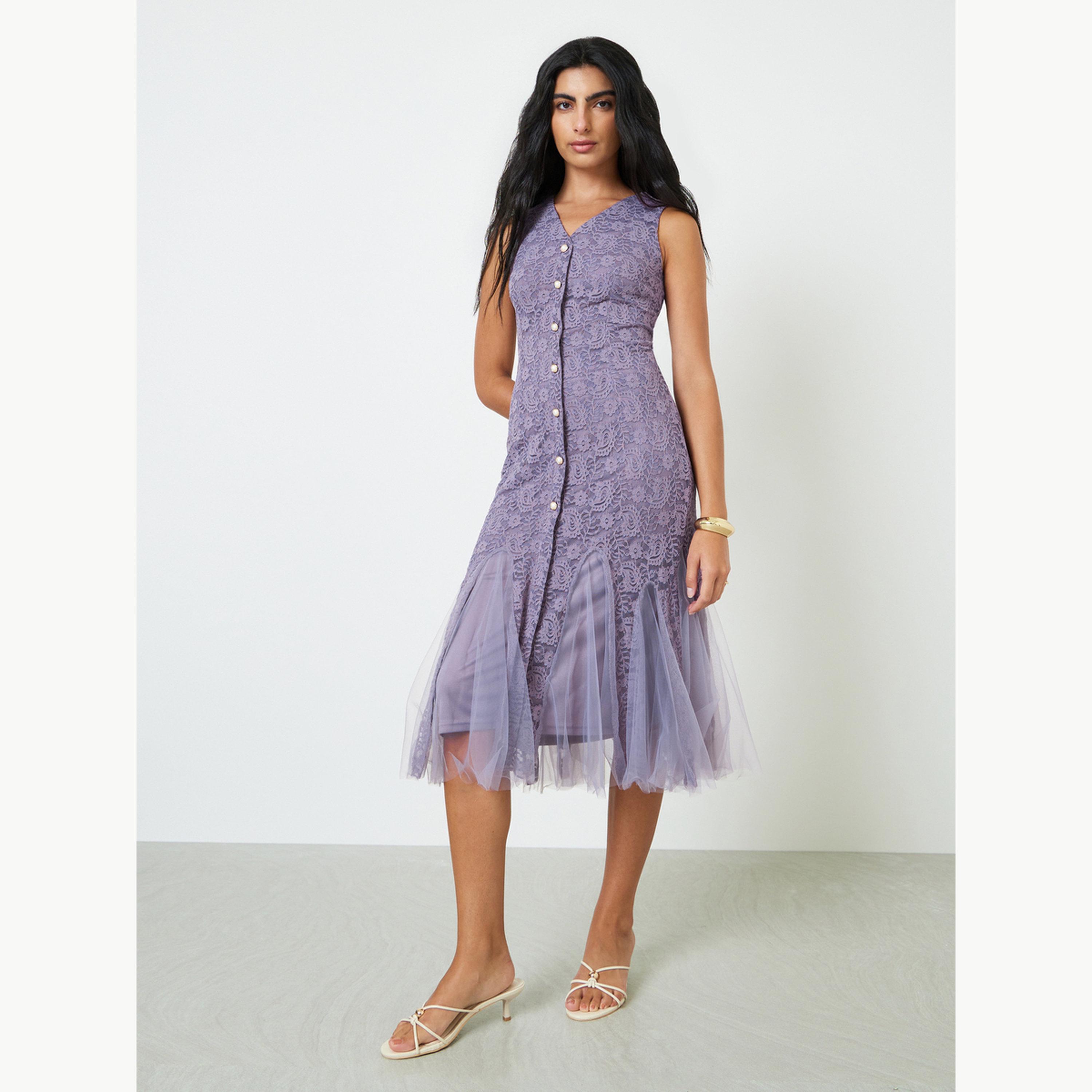 فستان ميدي بحافة حورية البحر وبدون أكمام من الدانتيل-women-clothing-dresses-image-3