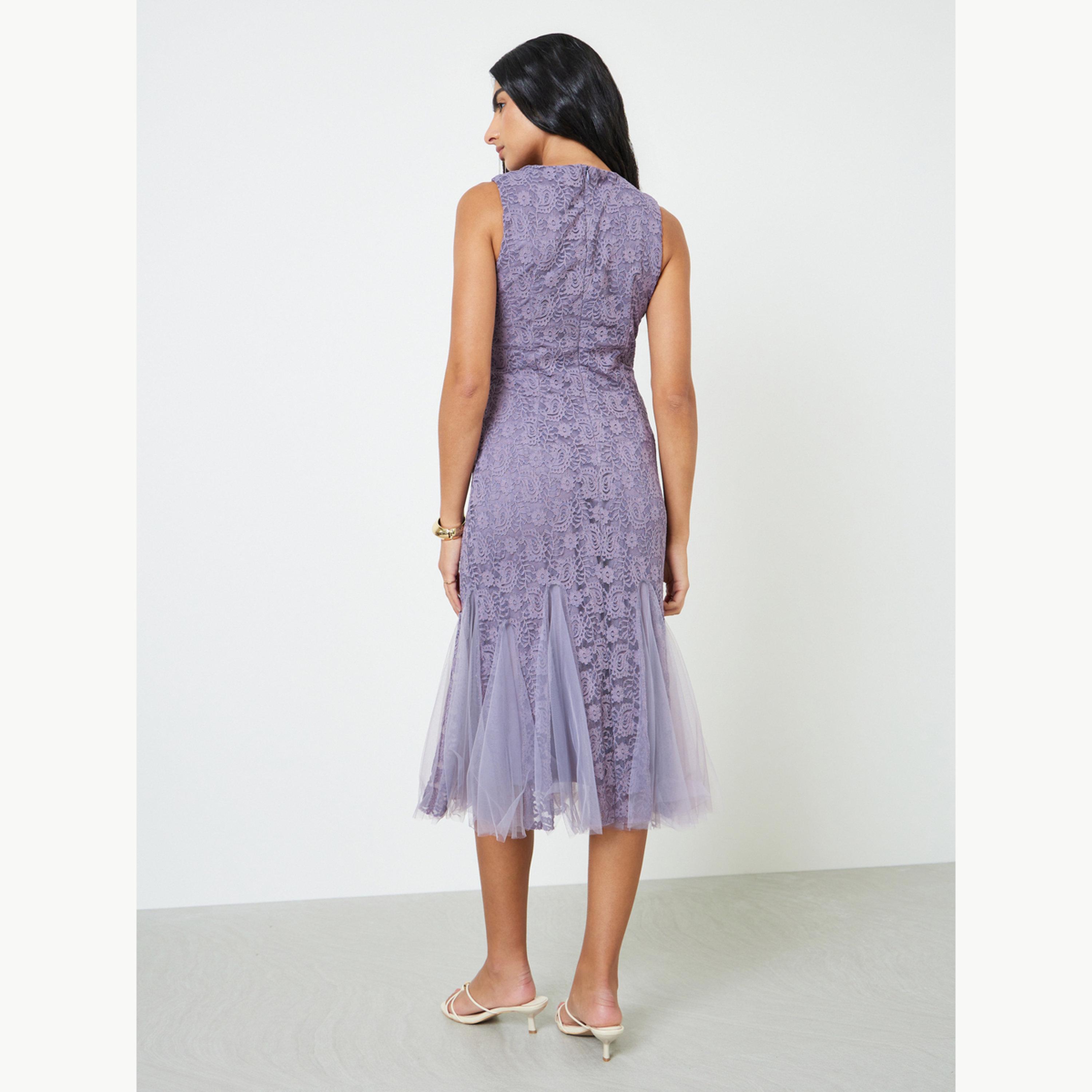 فستان ميدي بحافة حورية البحر وبدون أكمام من الدانتيل-women-clothing-dresses-image-4