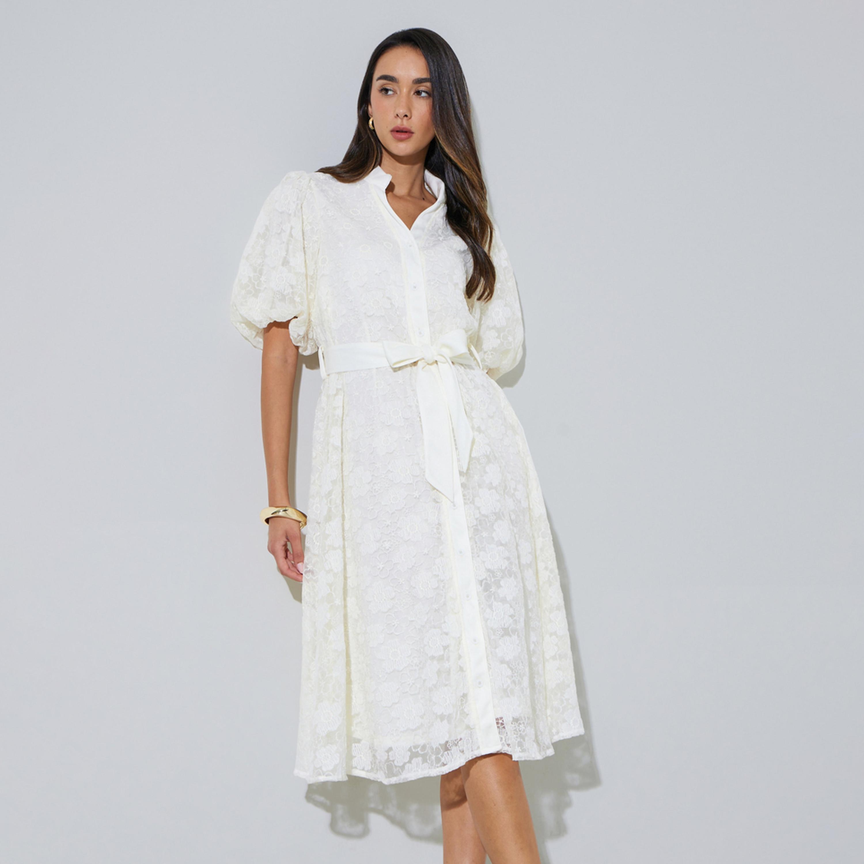 فستان ميدي بنمط قميص دانتيل مع حزام برباط-women-clothing-dresses-image-1