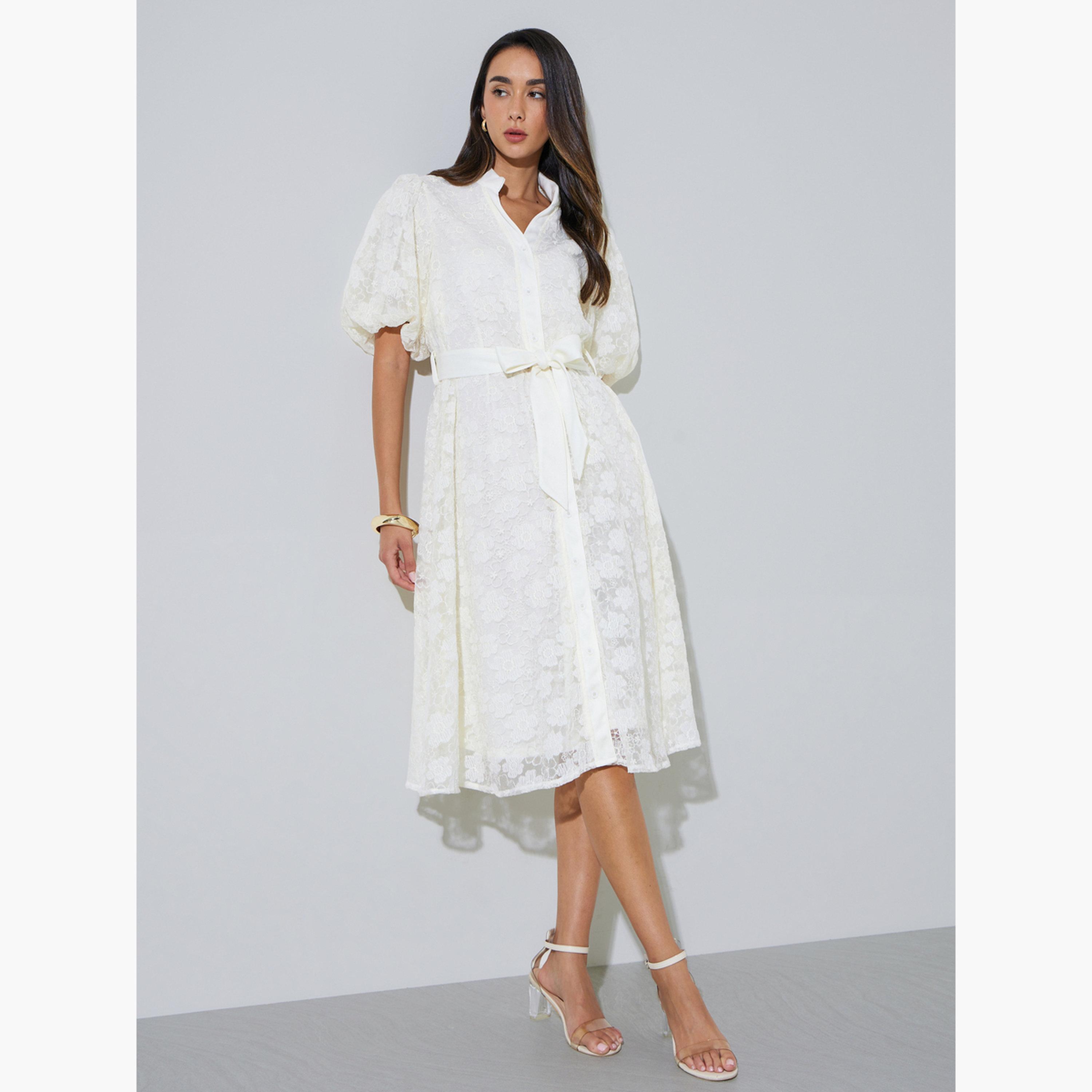 فستان ميدي بنمط قميص دانتيل مع حزام برباط-women-clothing-dresses-image-2