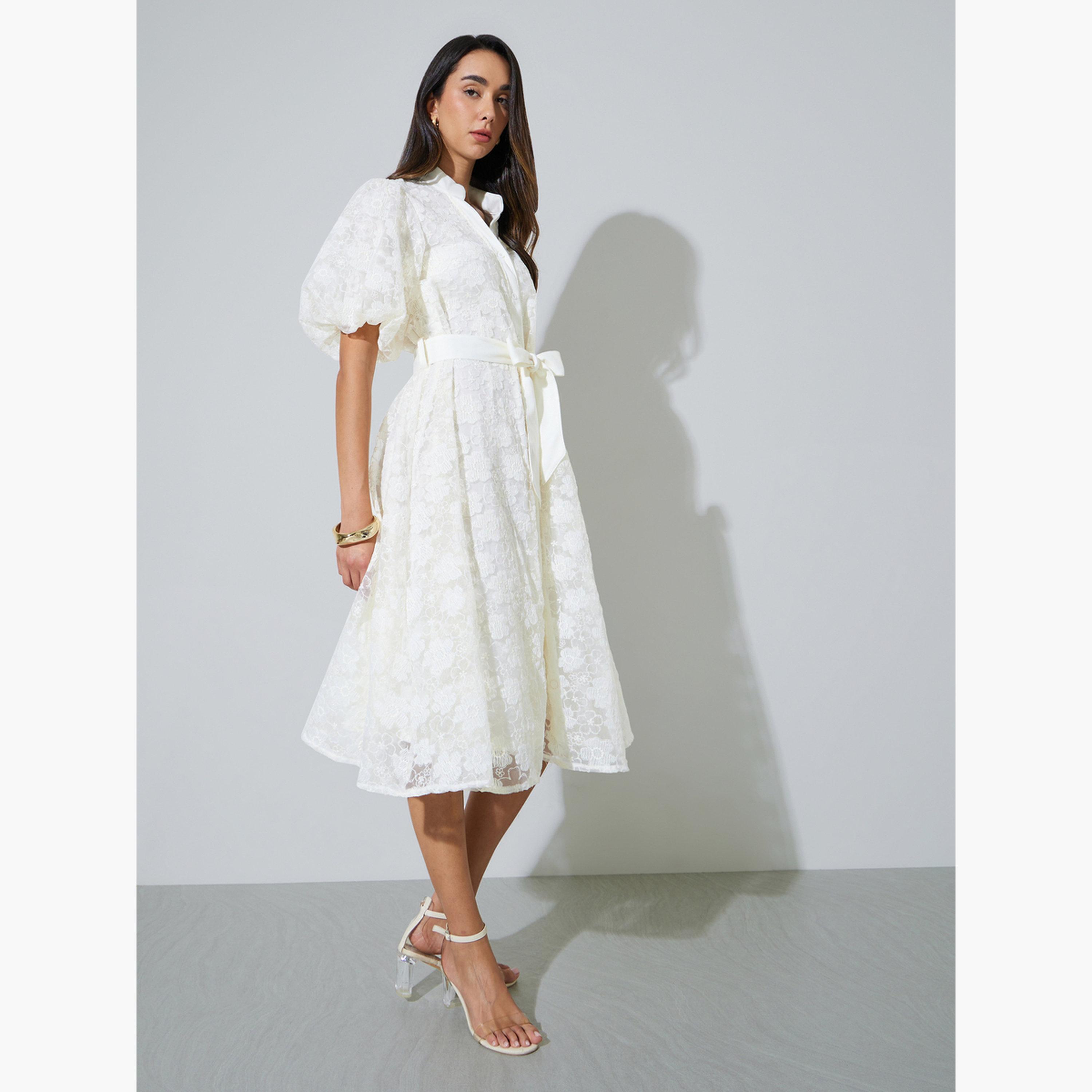 فستان ميدي بنمط قميص دانتيل مع حزام برباط-women-clothing-dresses-image-3