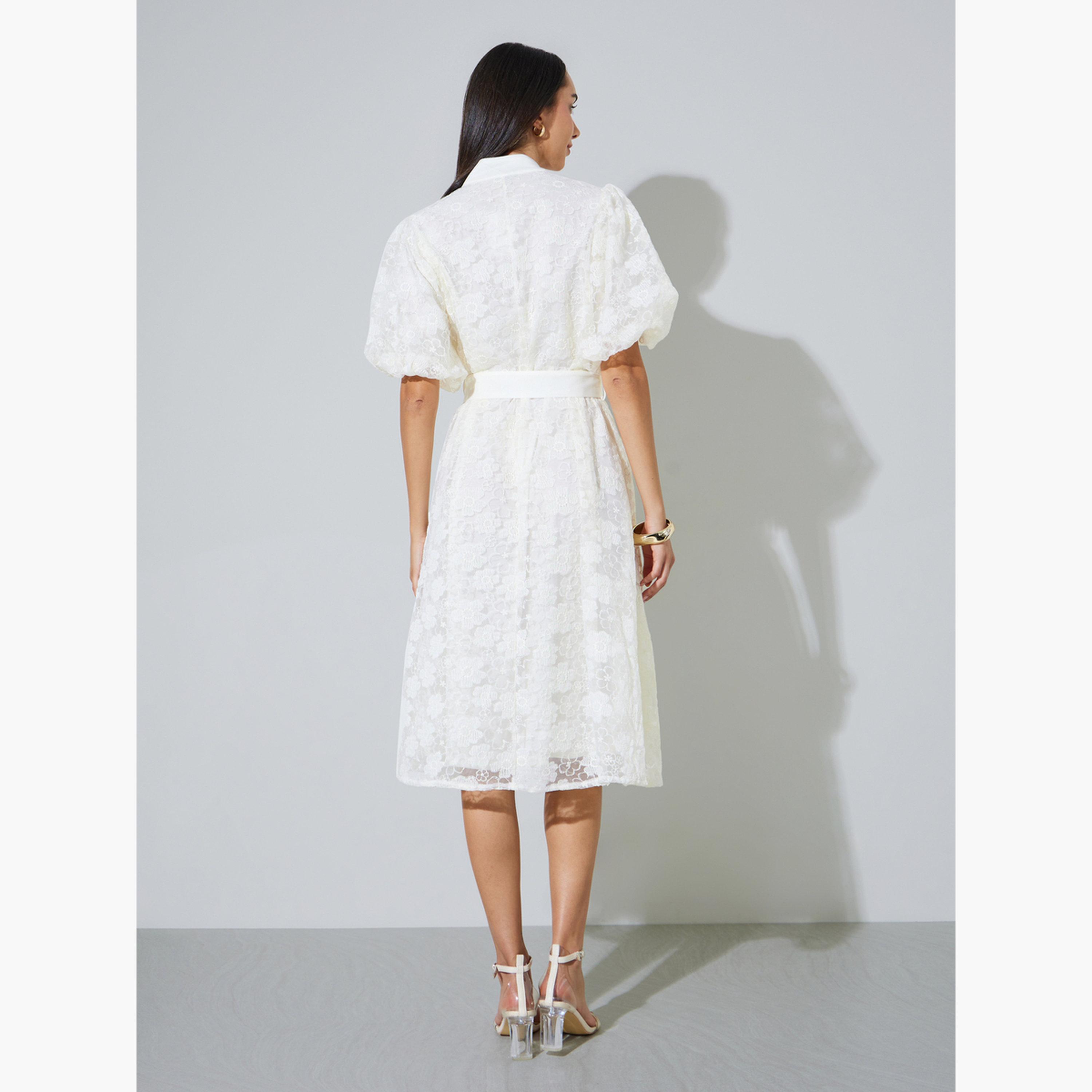 فستان ميدي بنمط قميص دانتيل مع حزام برباط-women-clothing-dresses-image-4