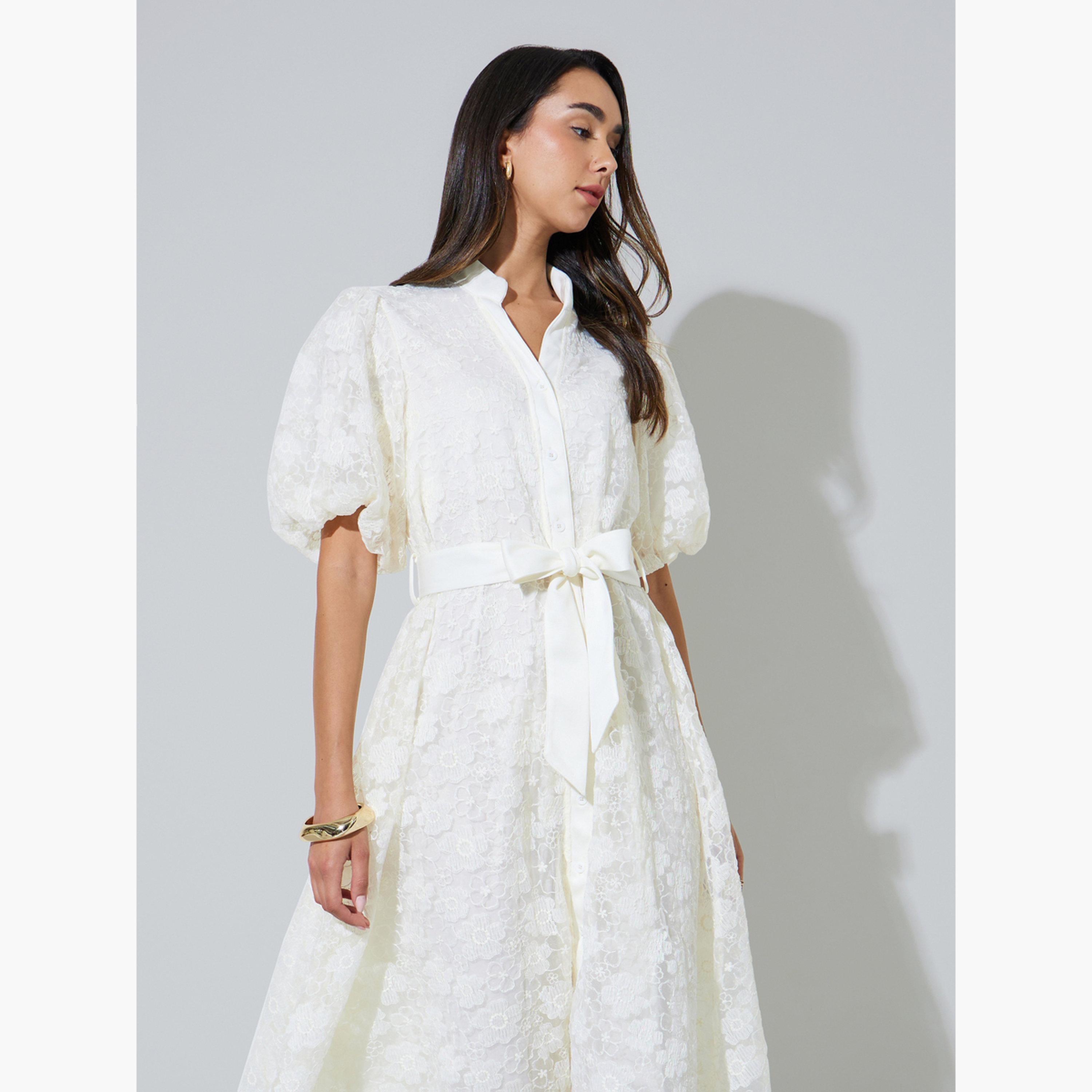 فستان ميدي بنمط قميص دانتيل مع حزام برباط-women-clothing-dresses-image-5