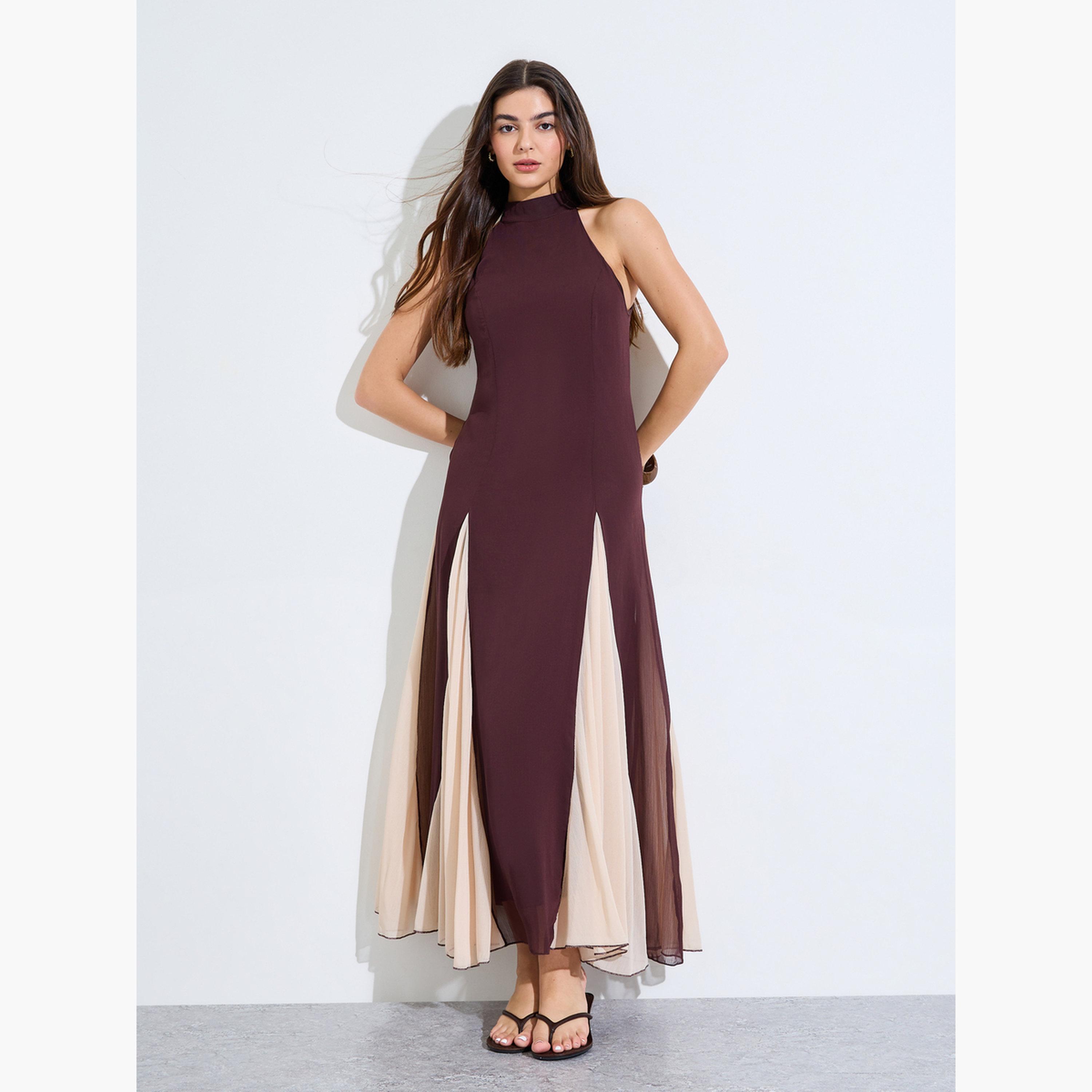 Styli Brown Color Block Halter Neck Maxi Dress-women-clothing-dresses-image-1