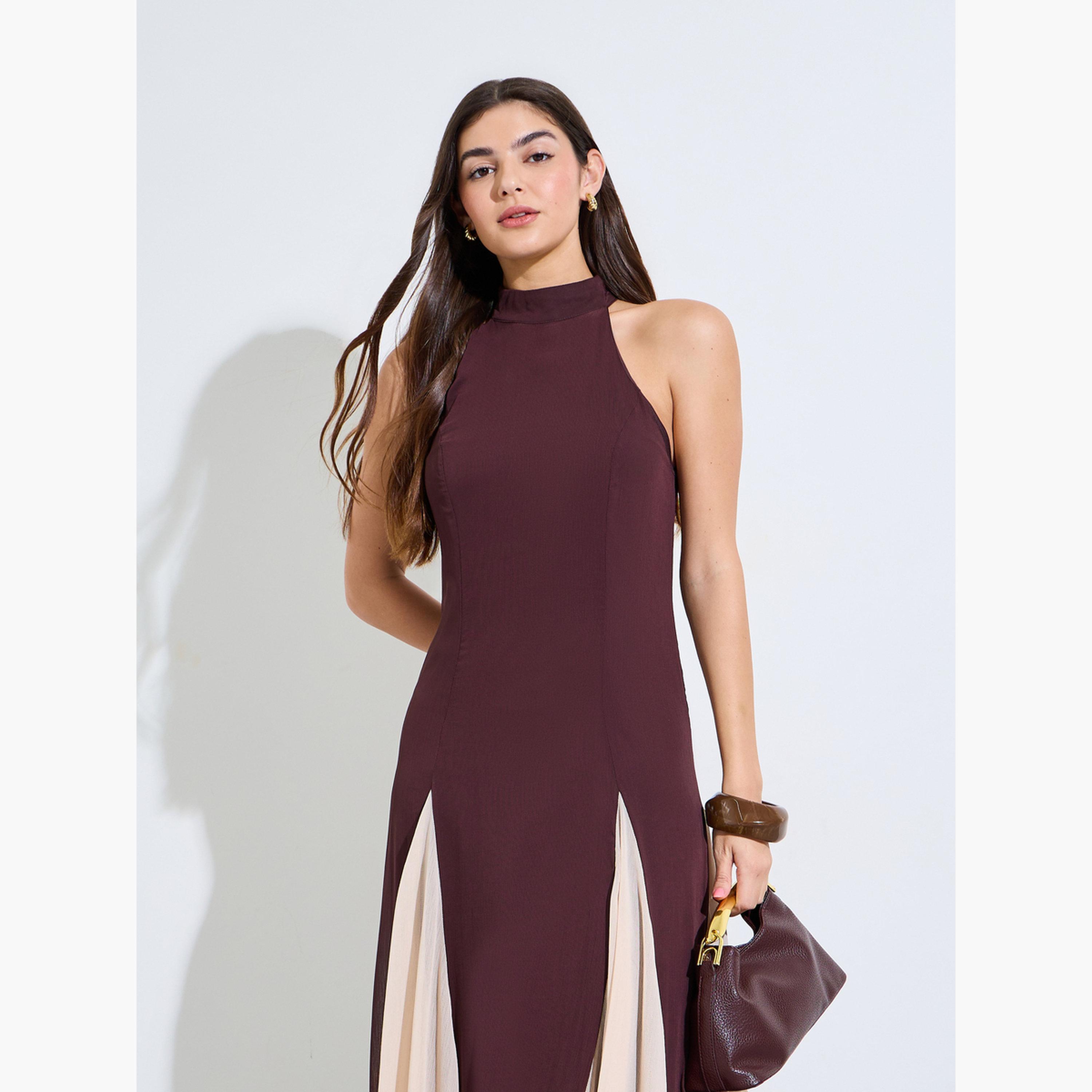 Styli Brown Color Block Halter Neck Maxi Dress-women-clothing-dresses-image-2