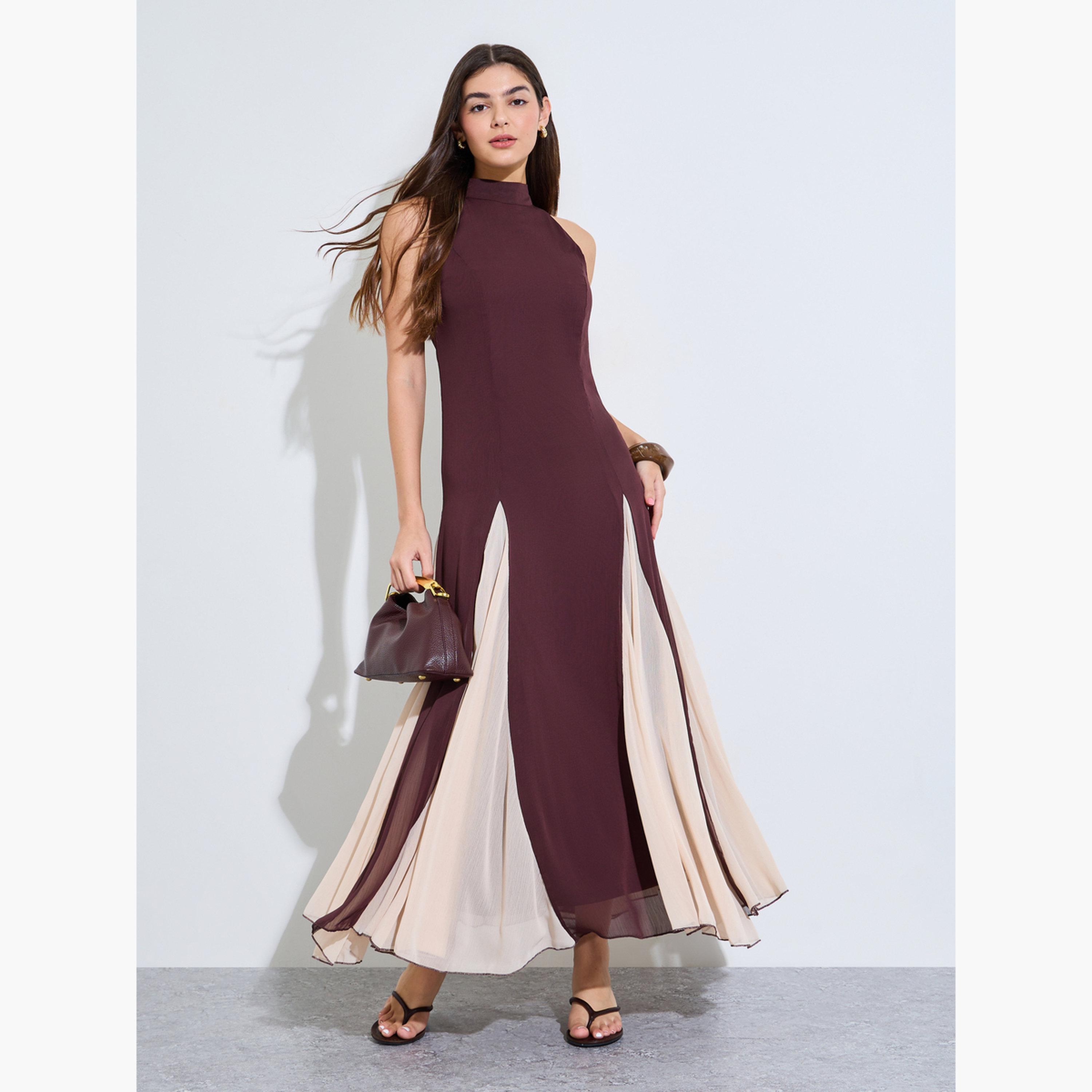 Styli Brown Color Block Halter Neck Maxi Dress-women-clothing-dresses-image-3