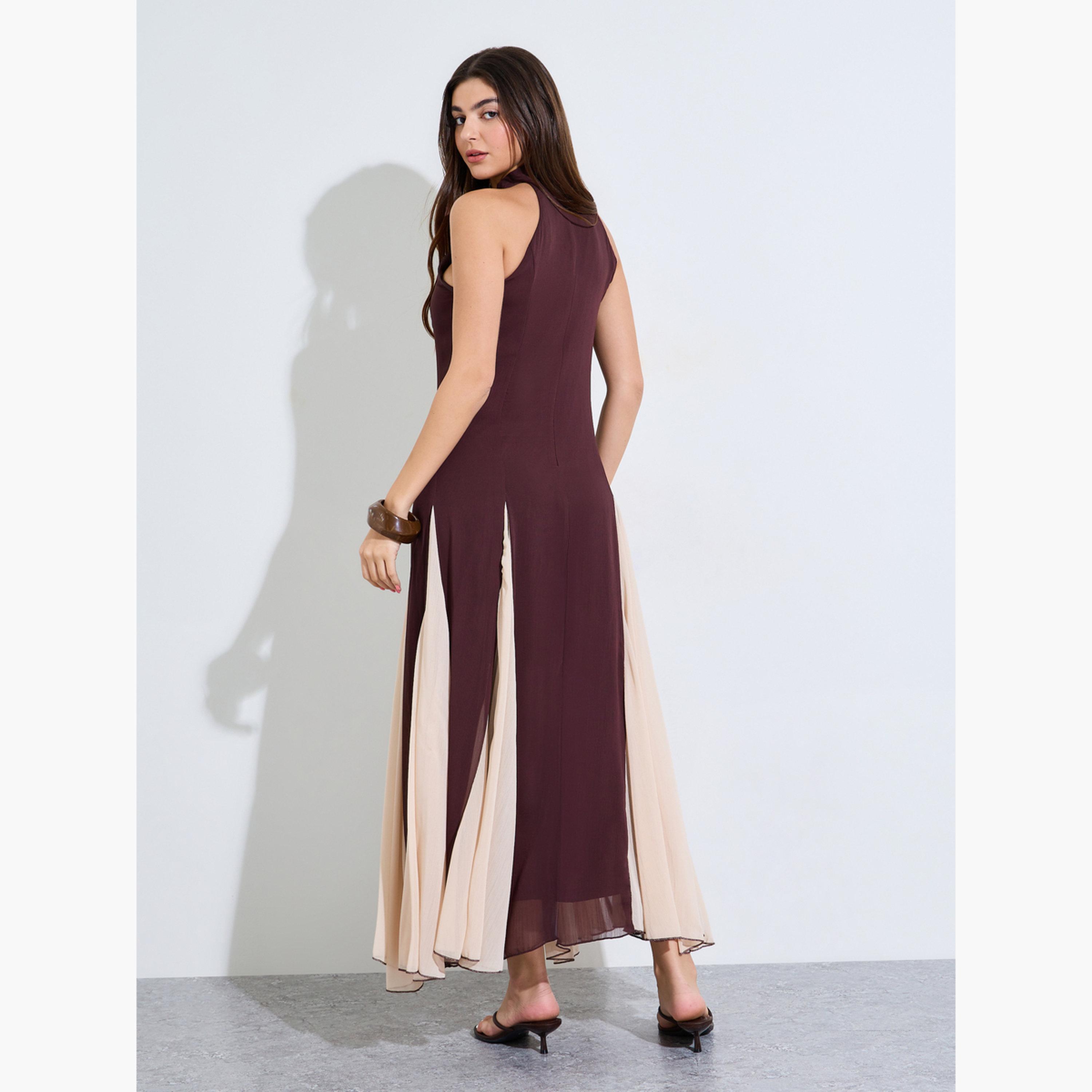 Styli Brown Color Block Halter Neck Maxi Dress-women-clothing-dresses-image-4
