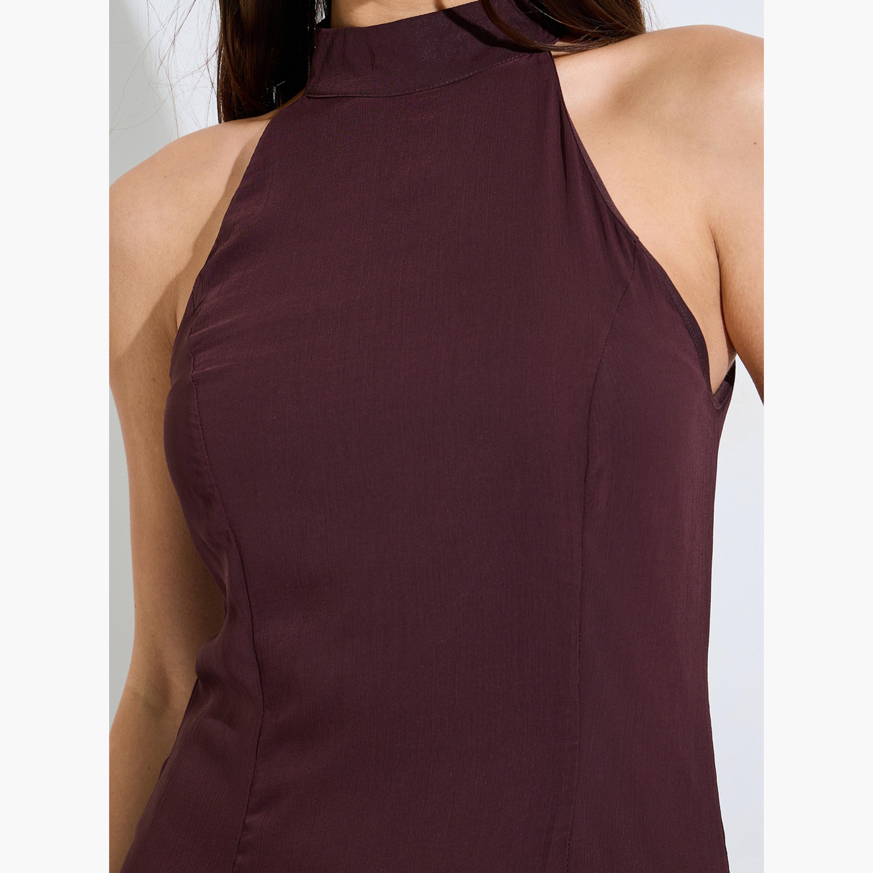 Styli Brown Color Block Halter Neck Maxi Dress-women-clothing-dresses-image-6