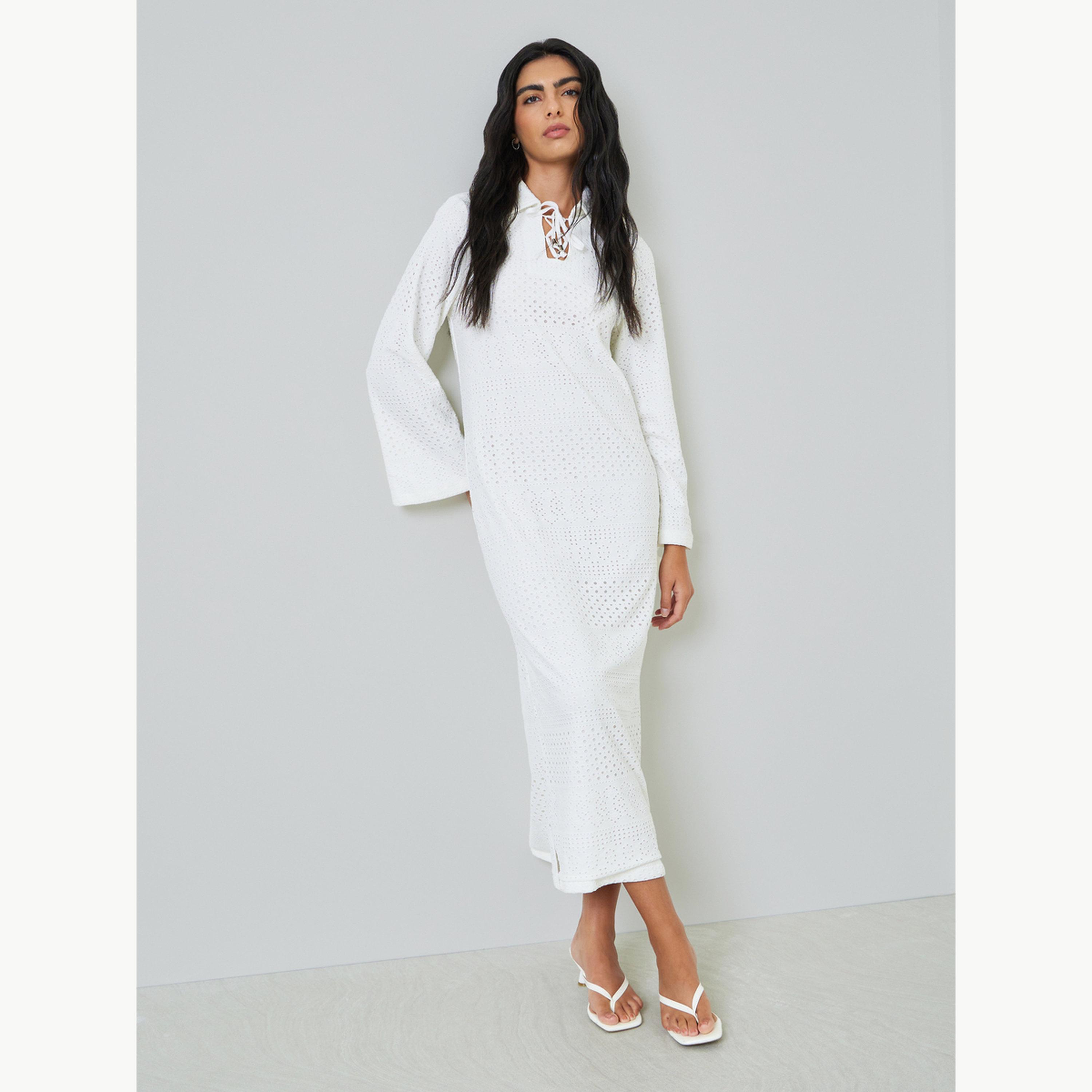 Styli White Eyelet Long Sleeves Shirt Maxi Dress-women-clothing-dresses-image-1