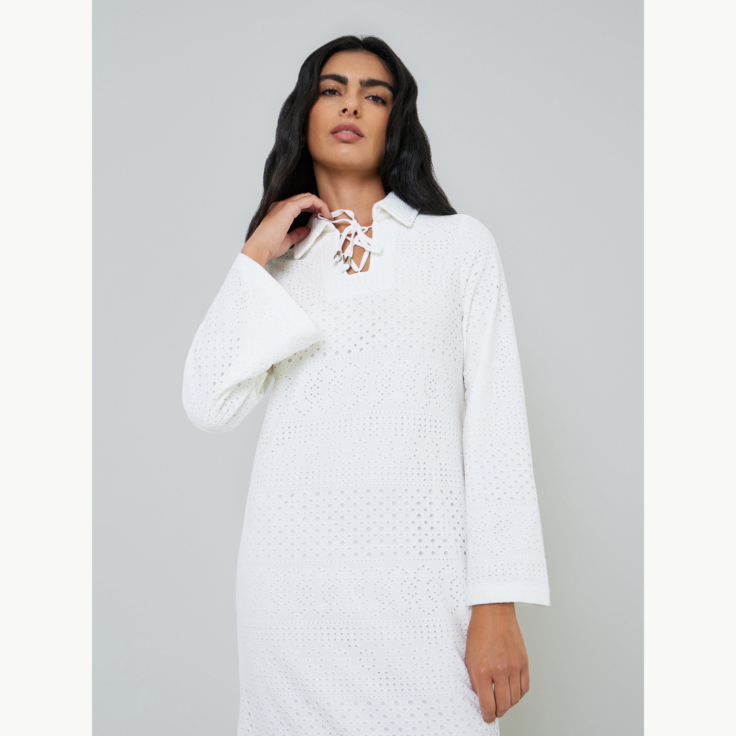 Styli White Eyelet Long Sleeves Shirt Maxi Dress-women-clothing-dresses-image-2