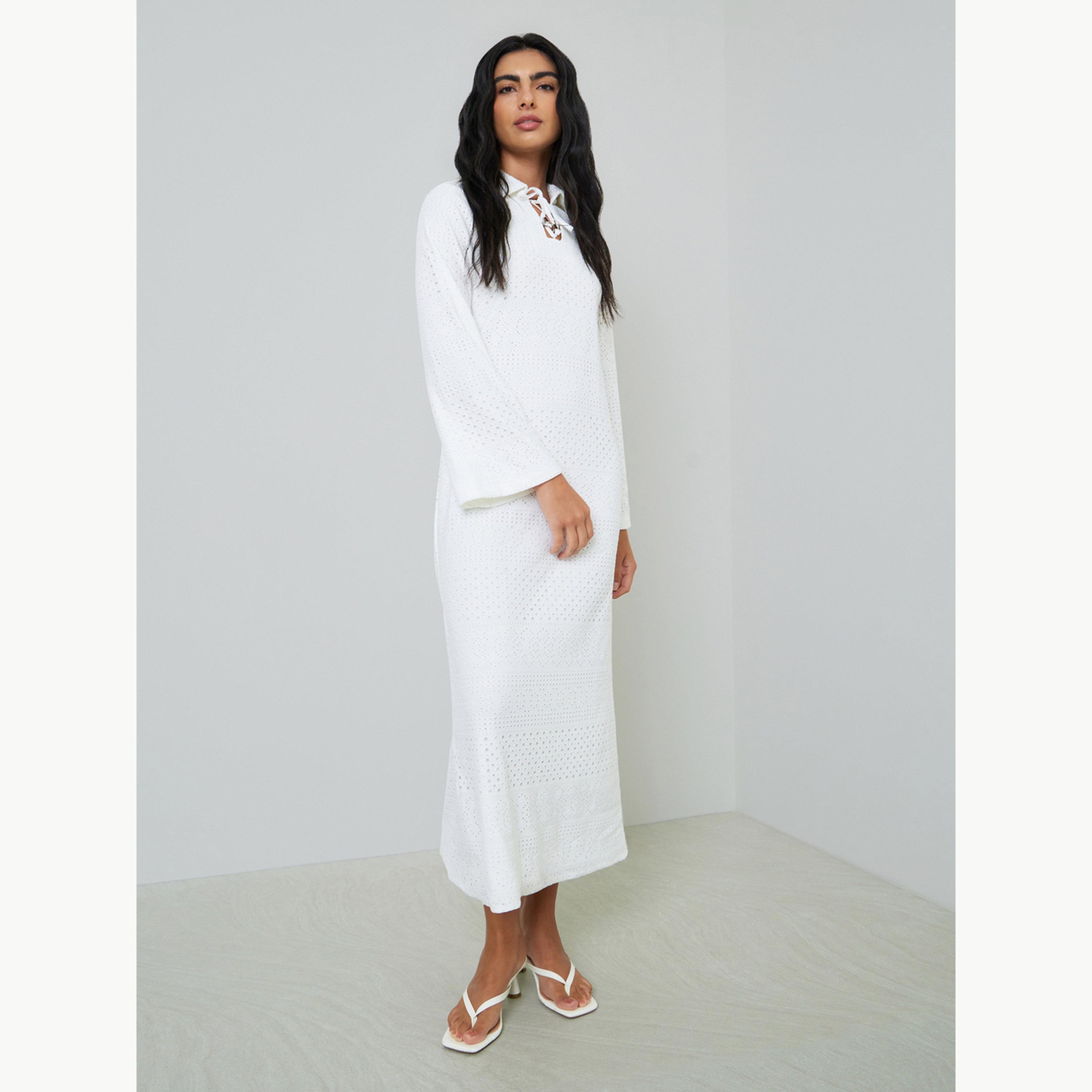 Styli White Eyelet Long Sleeves Shirt Maxi Dress-women-clothing-dresses-image-3