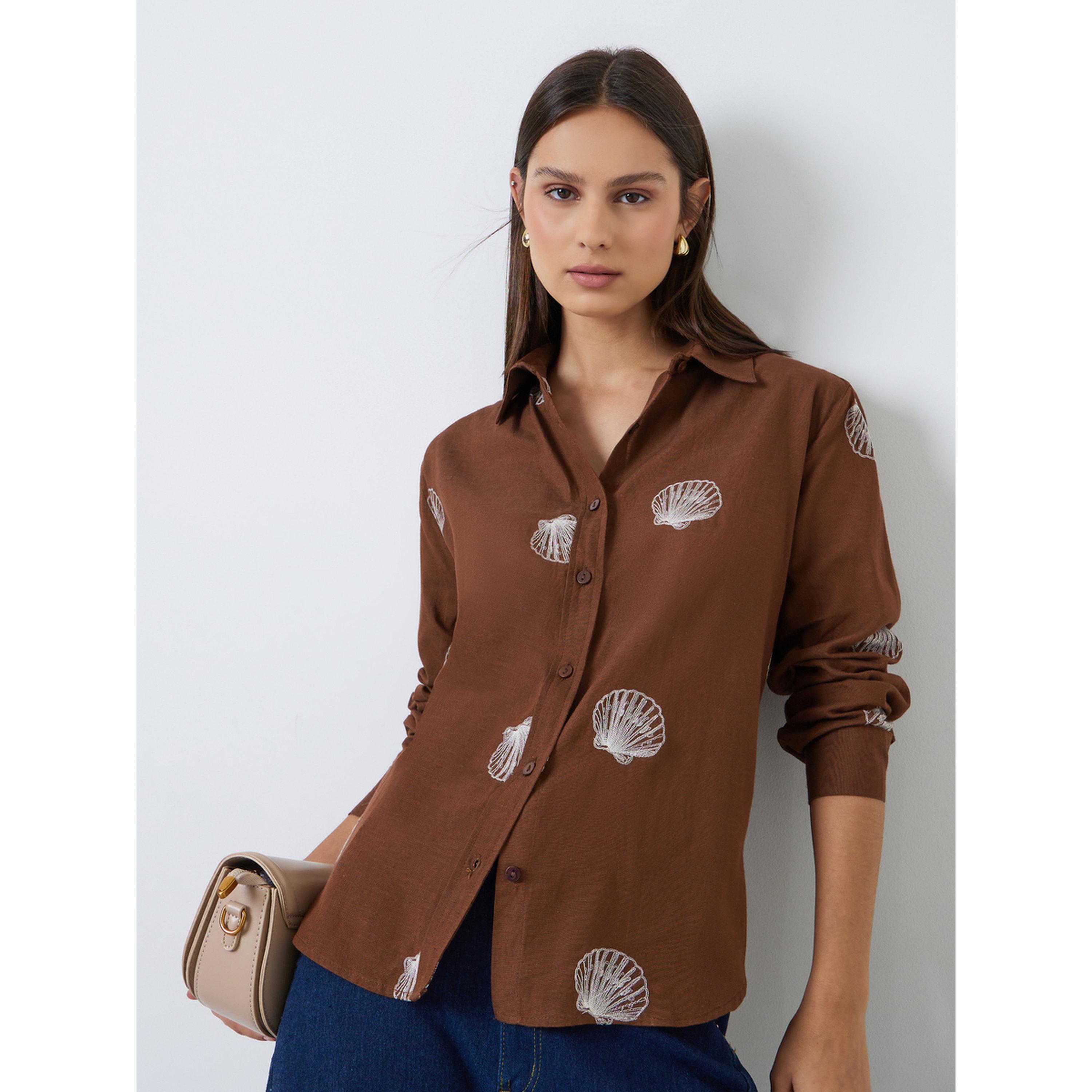 Styli Brown Shell Embroidered Relaxed Fit Shirt-women-clothing-shirtsandblouses-shirts-image-4