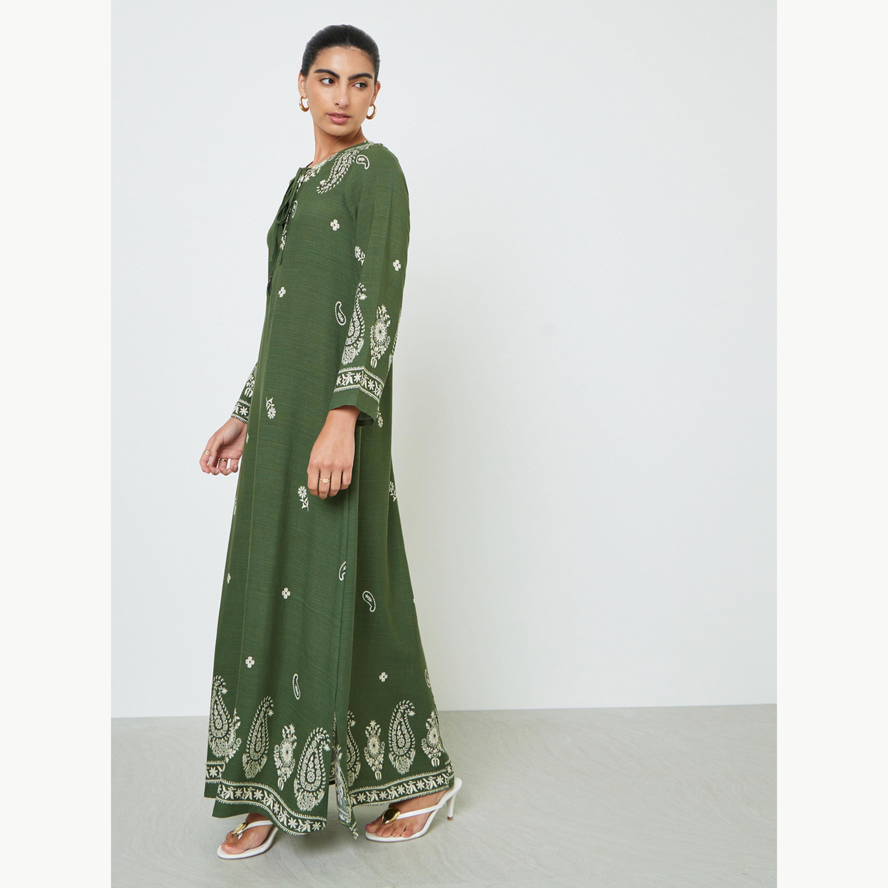 Amirah X Styli Olive Placement Print A-Line Jalabiya-women-arabicclothing-jalabiyas-image-2