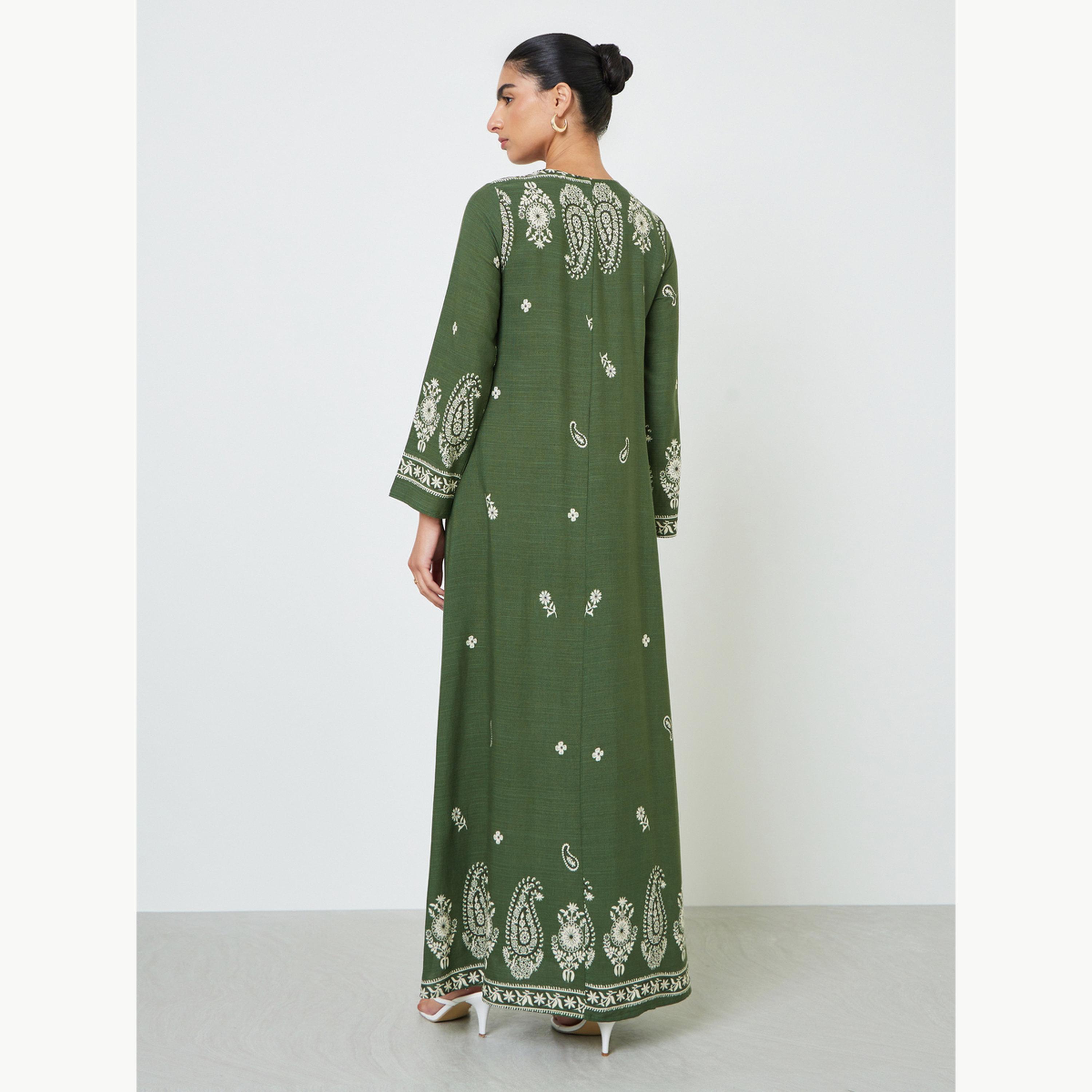 Amirah X Styli Olive Placement Print A-Line Jalabiya-women-arabicclothing-jalabiyas-image-4