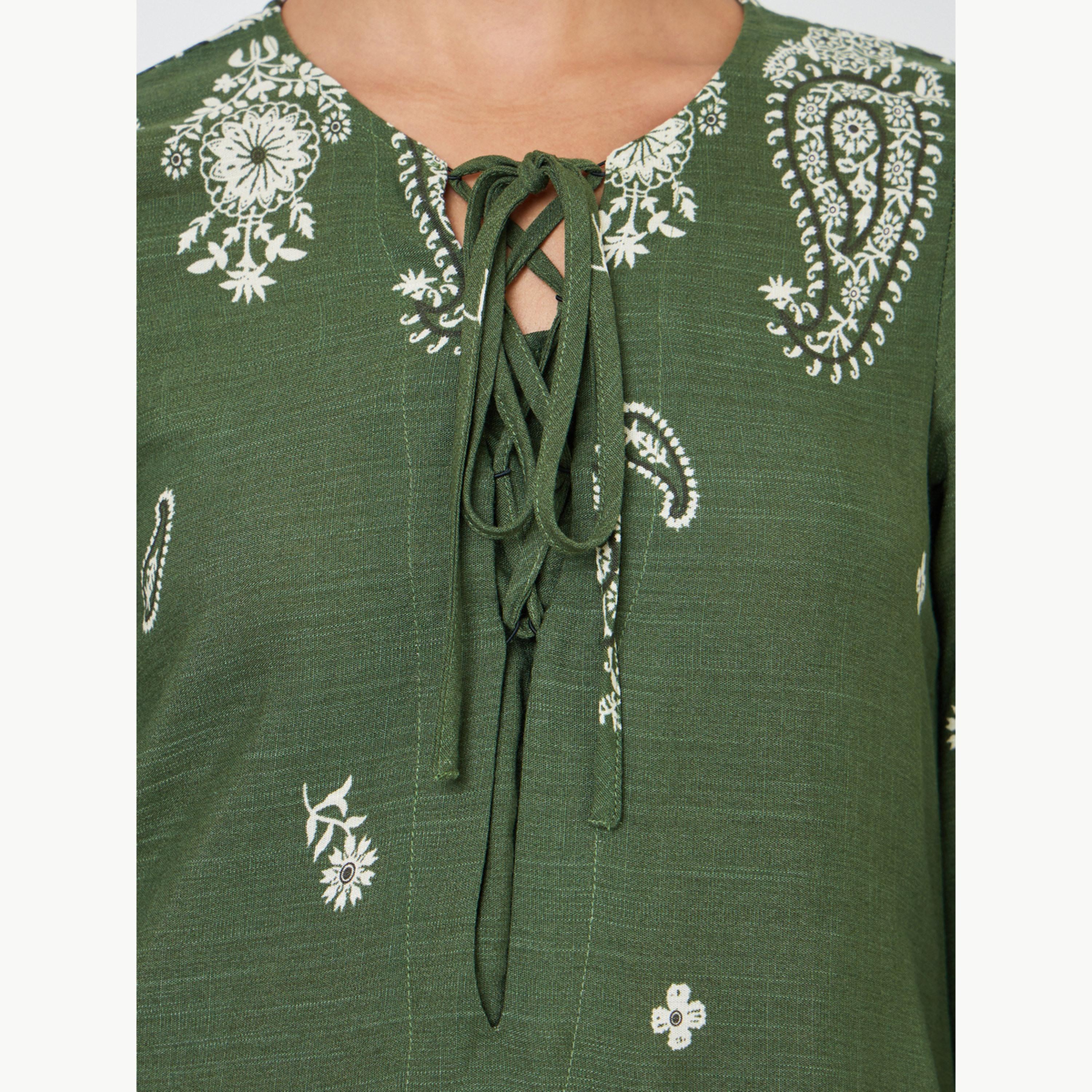 Amirah X Styli Olive Placement Print A-Line Jalabiya-women-arabicclothing-jalabiyas-image-5