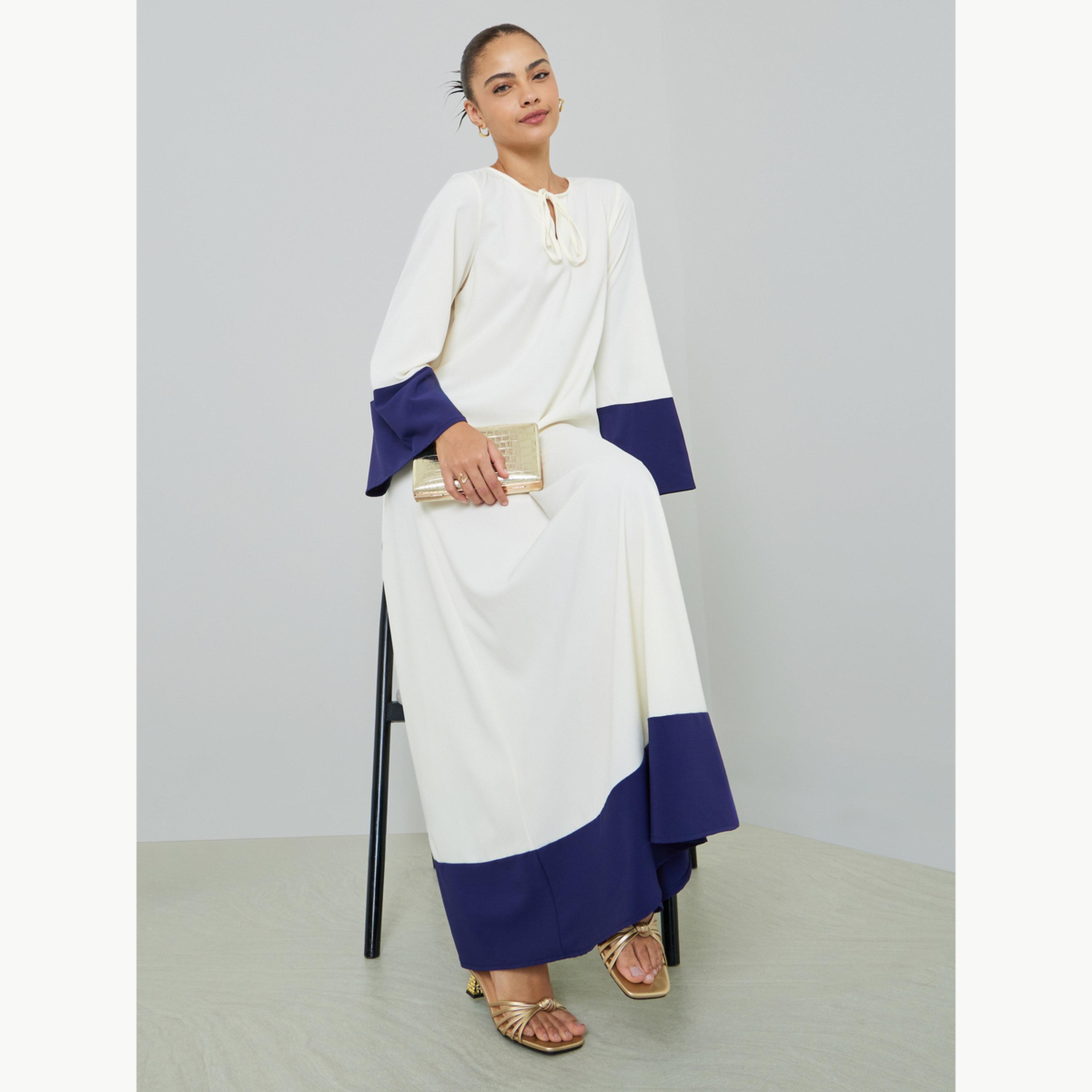 جلابية بياقة برباط وحواف متباينة-women-arabicclothing-jalabiyas-image-2