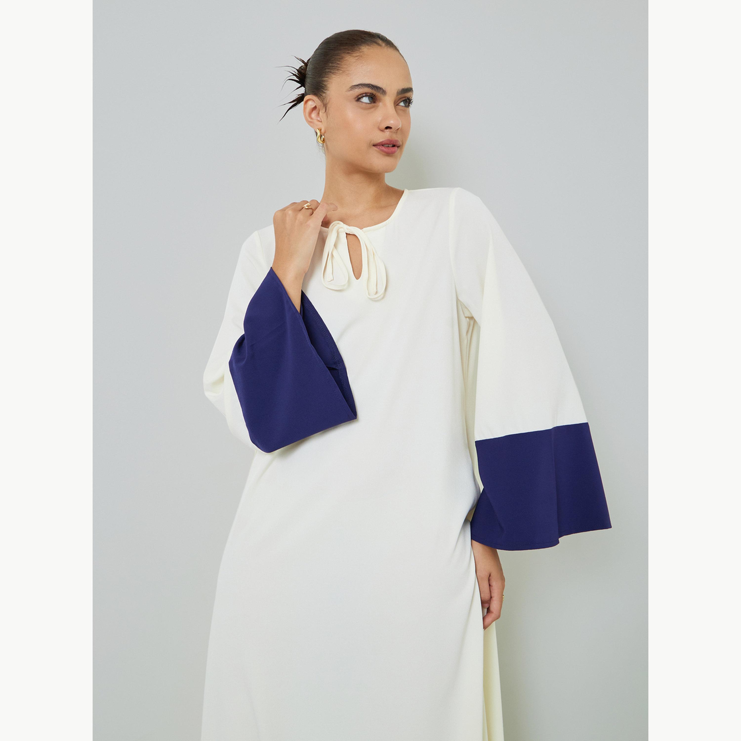 جلابية بياقة برباط وحواف متباينة-women-arabicclothing-jalabiyas-image-3