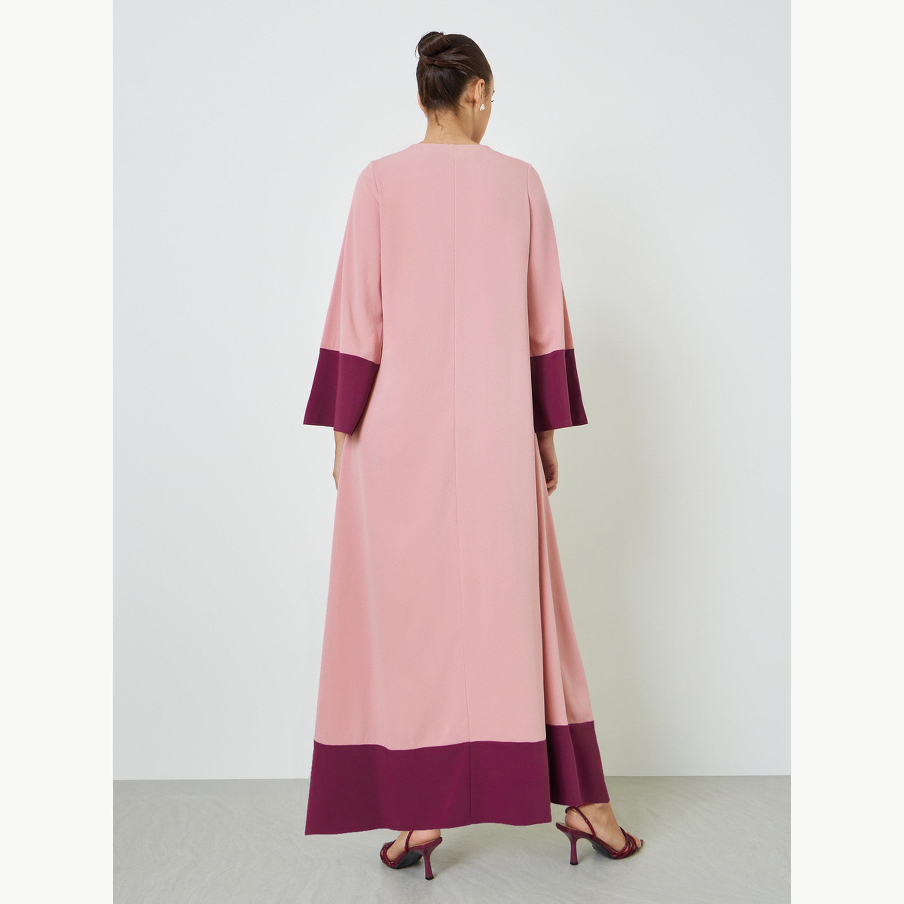 جلابية بياقة برباط وحواف متباينة-women-arabicclothing-jalabiyas-image-3