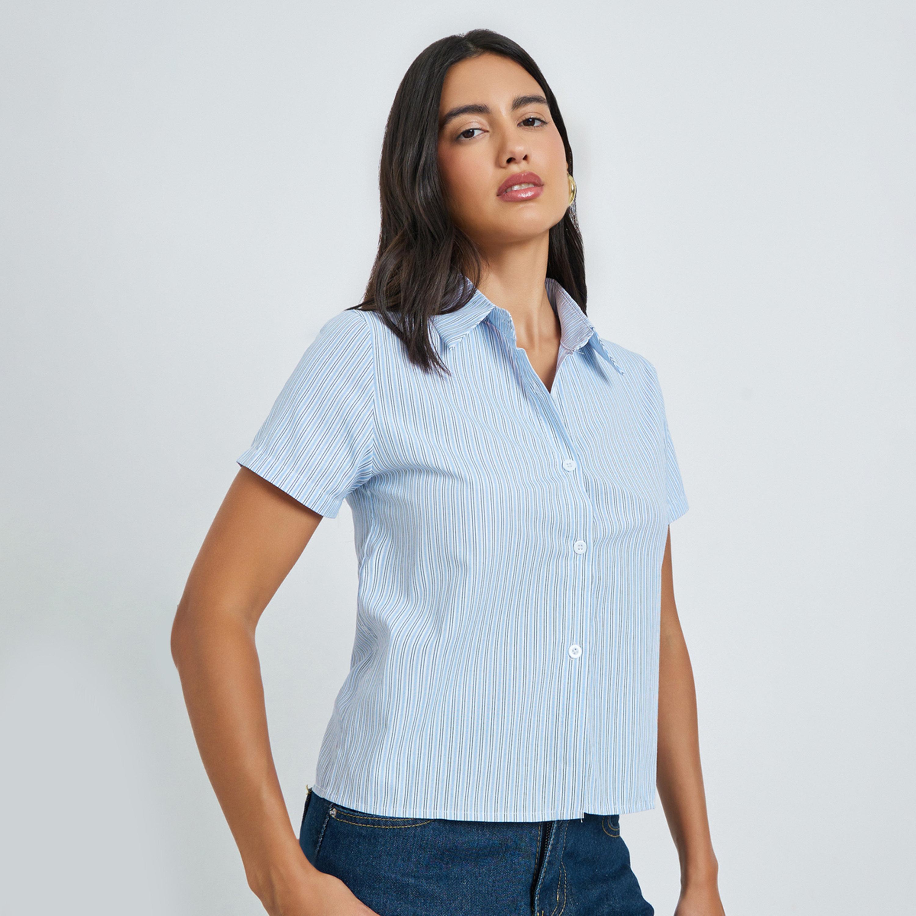Styli Blue Striped Short Sleeve Shirt-women-clothing-shirtsandblouses-shirts-image-1