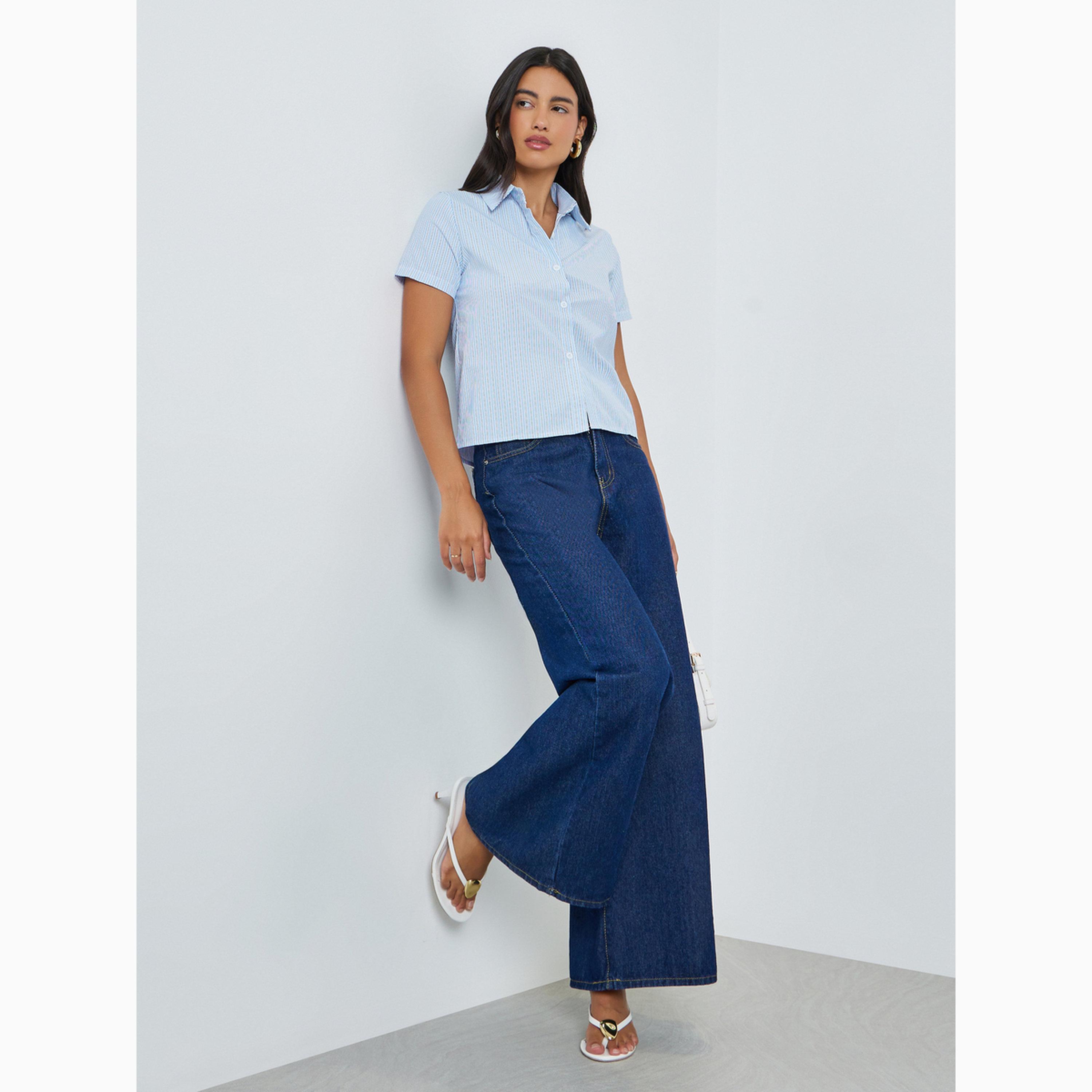 بلوزة بأكمام قصيرة ومخططة أزرق-women-clothing-shirtsandblouses-shirts-image-2